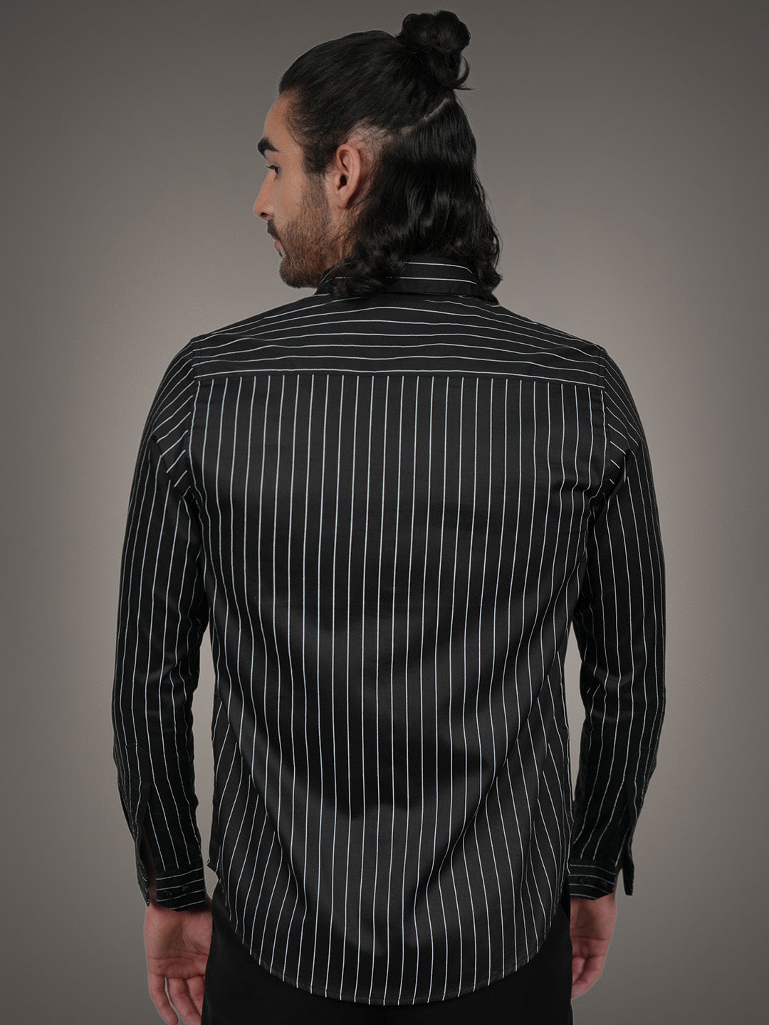 Black Cotton Satin Slim Fit Striped Casual Shirt for Men