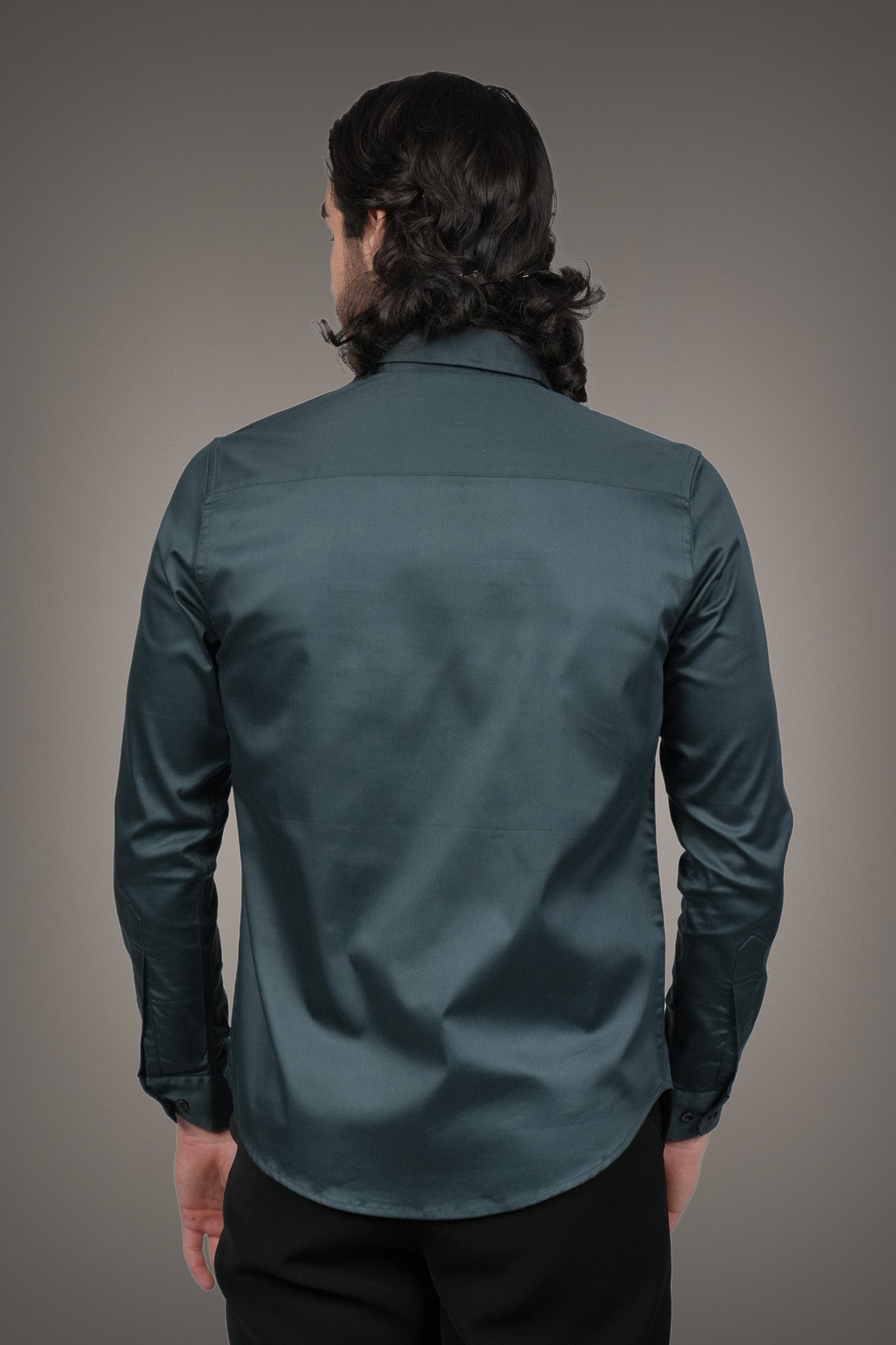Teal Solid Cotton Satin Slim Fit Shirt