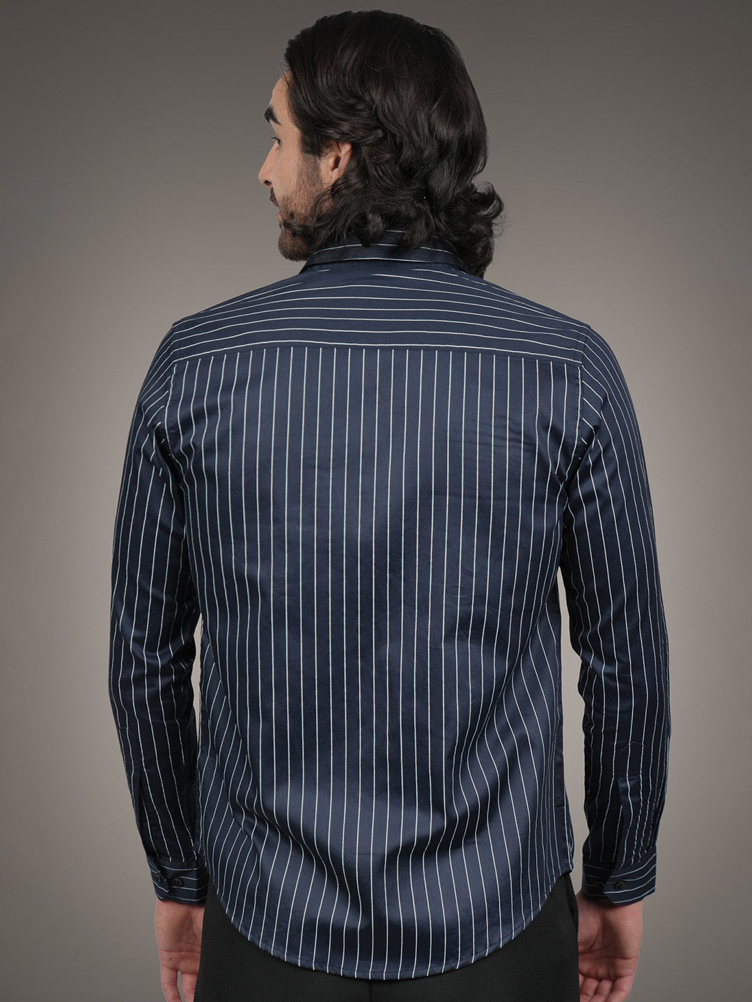Navy Cotton Satin Slim Fit Striped Casual Shirt for Men
