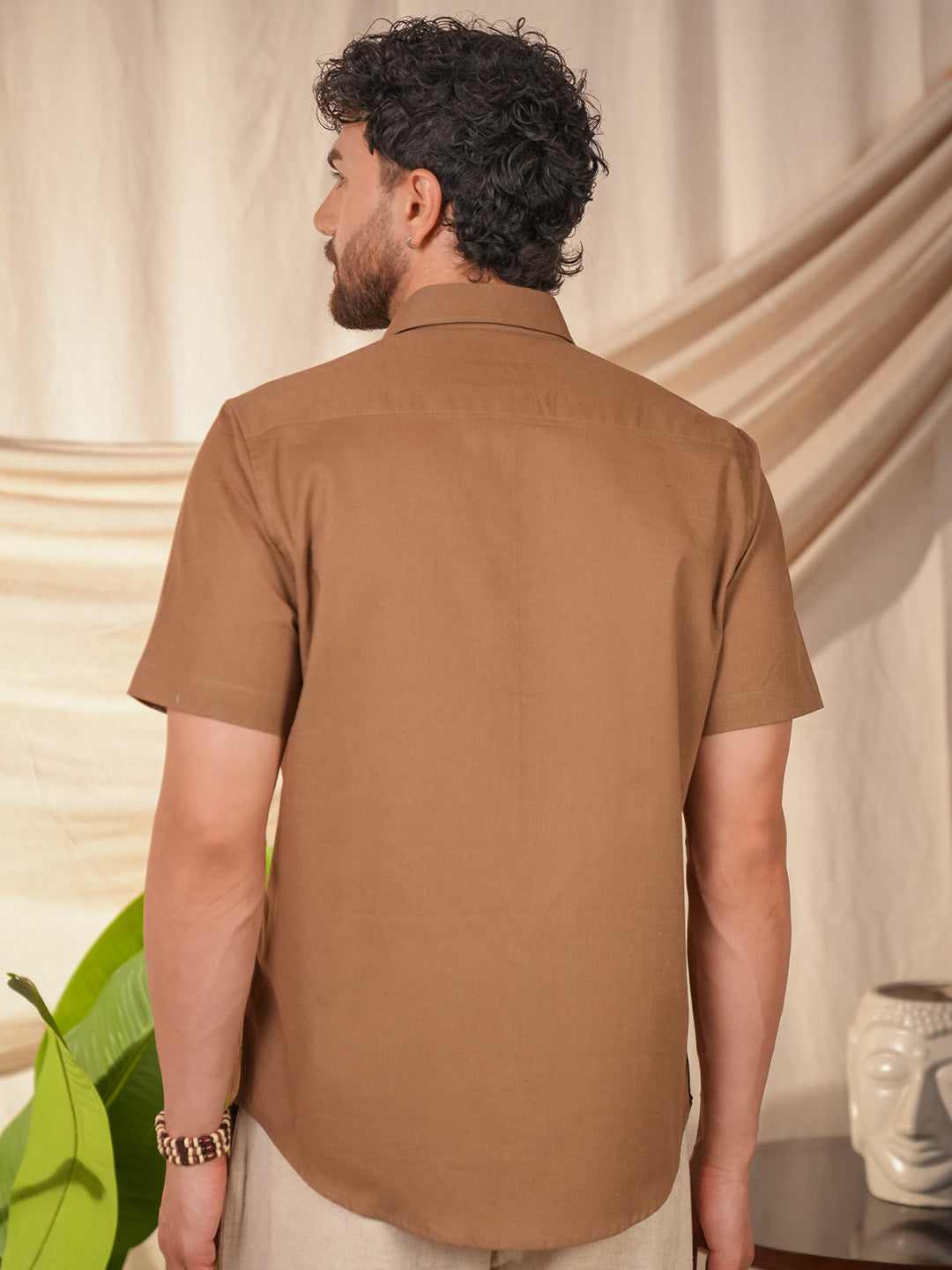 Brown Solid Pre-Washed Linen Cotton Slim Fit Shirt