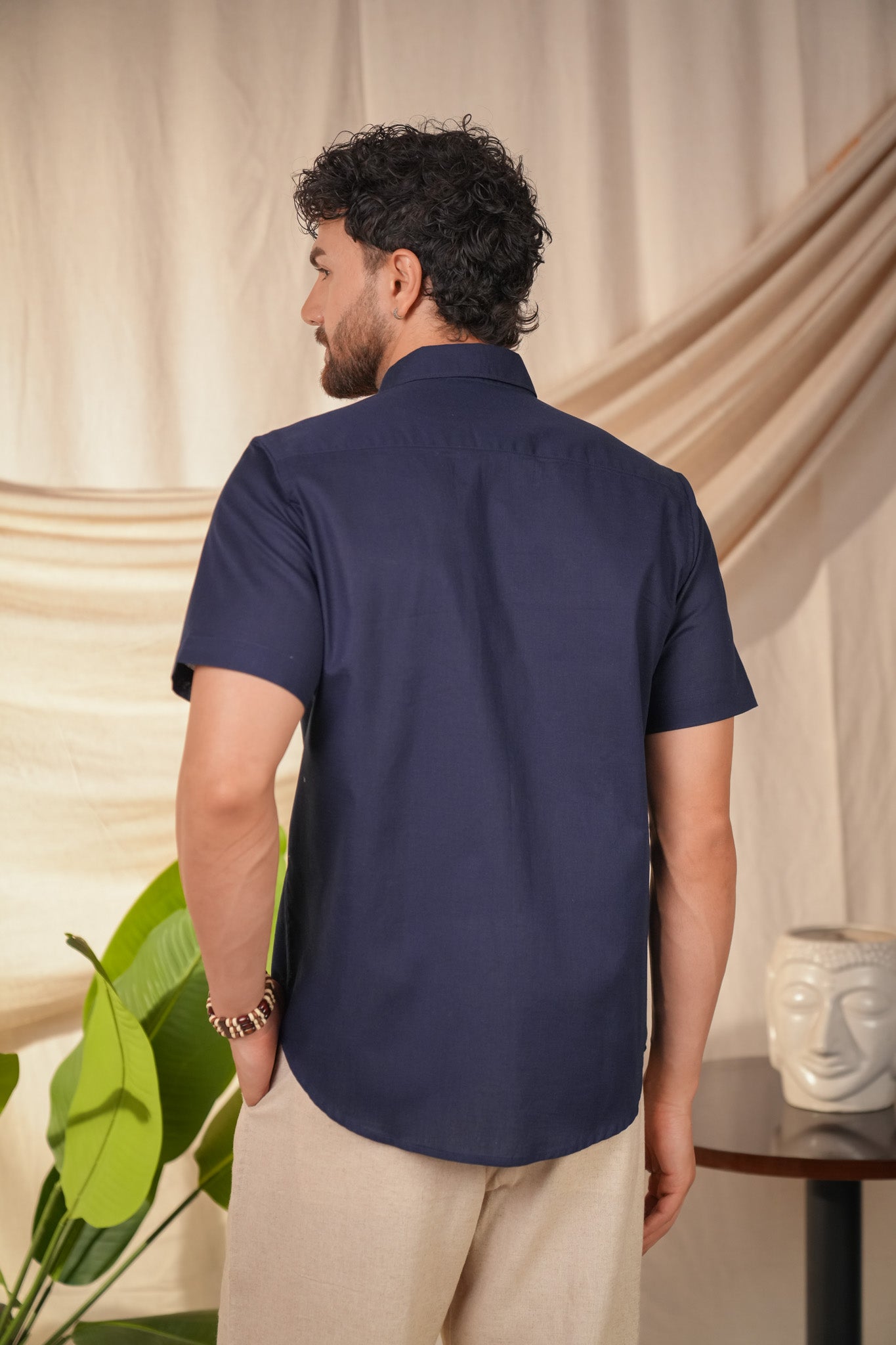 Navy Blue Solid Linen Cotton Slim Fit Shirt