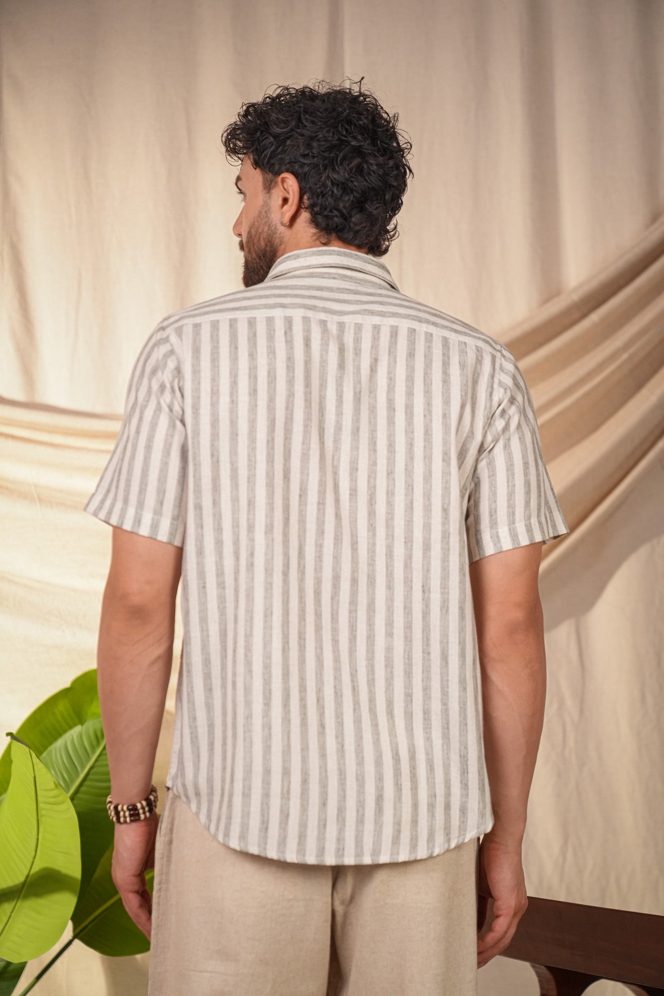 Sage Green Striped Pre-Washed Linen Cotton Slim Fit Shirt