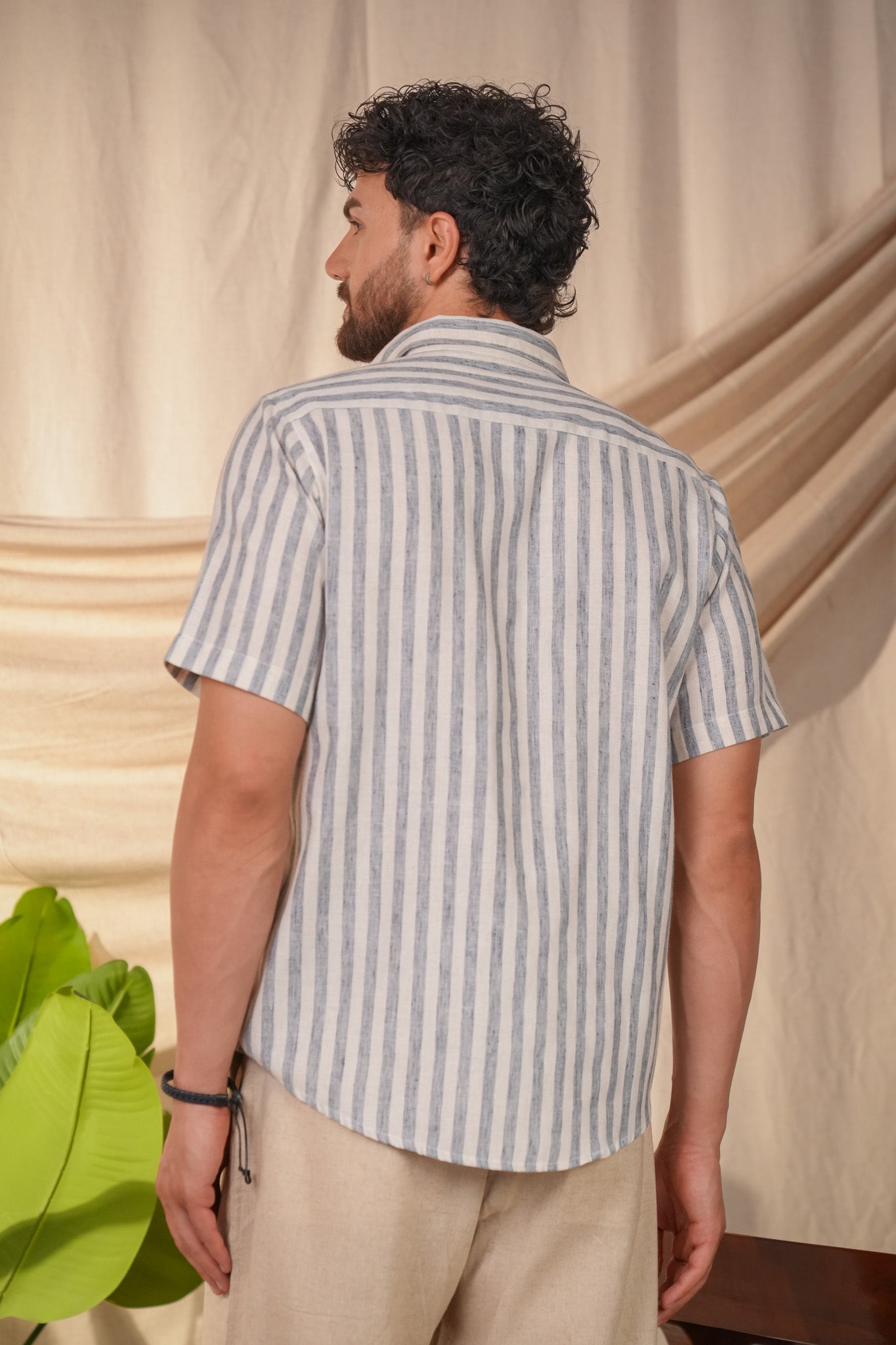 Ocean Blue Striped Pre-Washed Linen Cotton Slim Fit Shirt