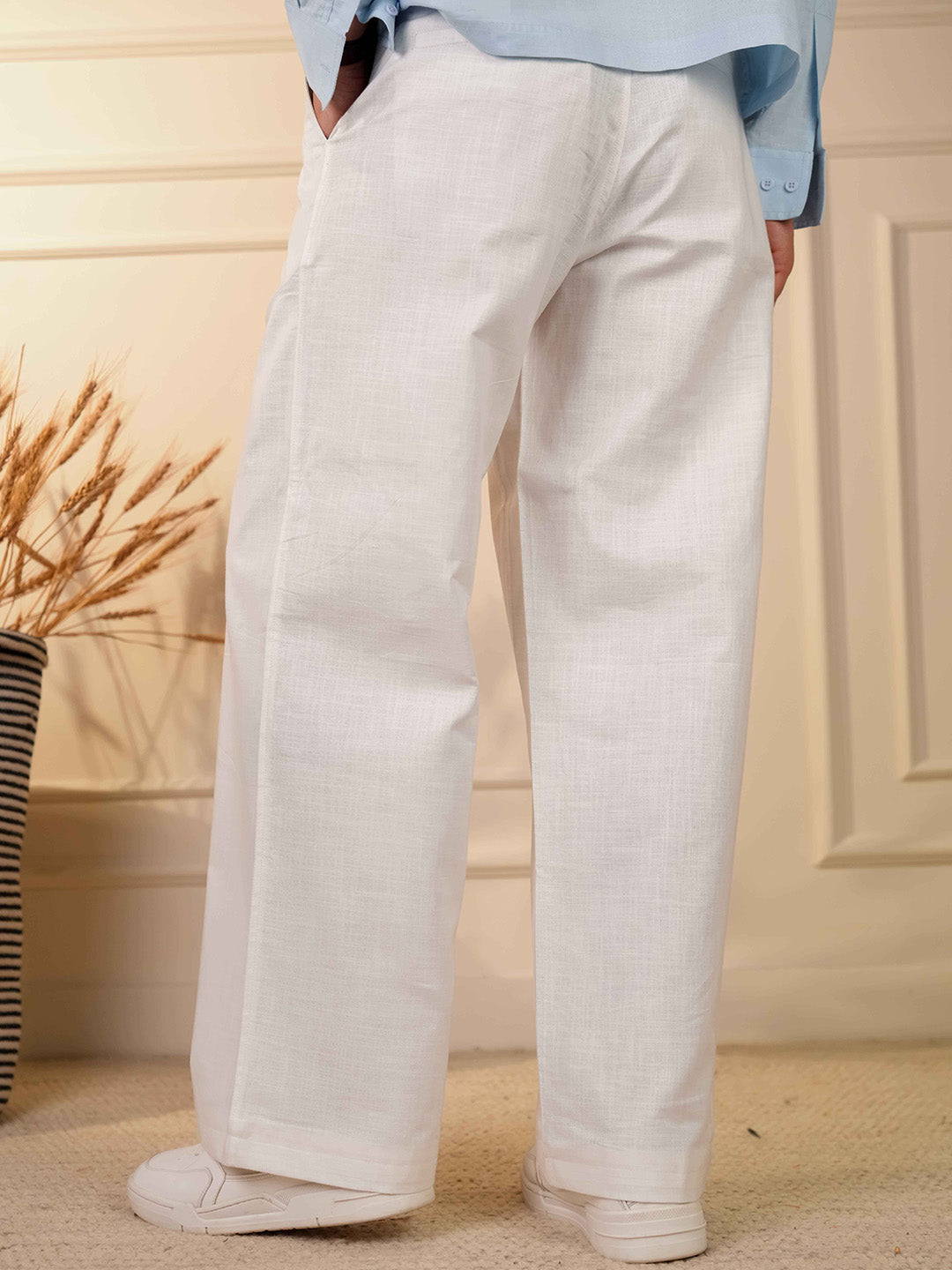 White Solid Linen Cotton Relaxed Fit Pants