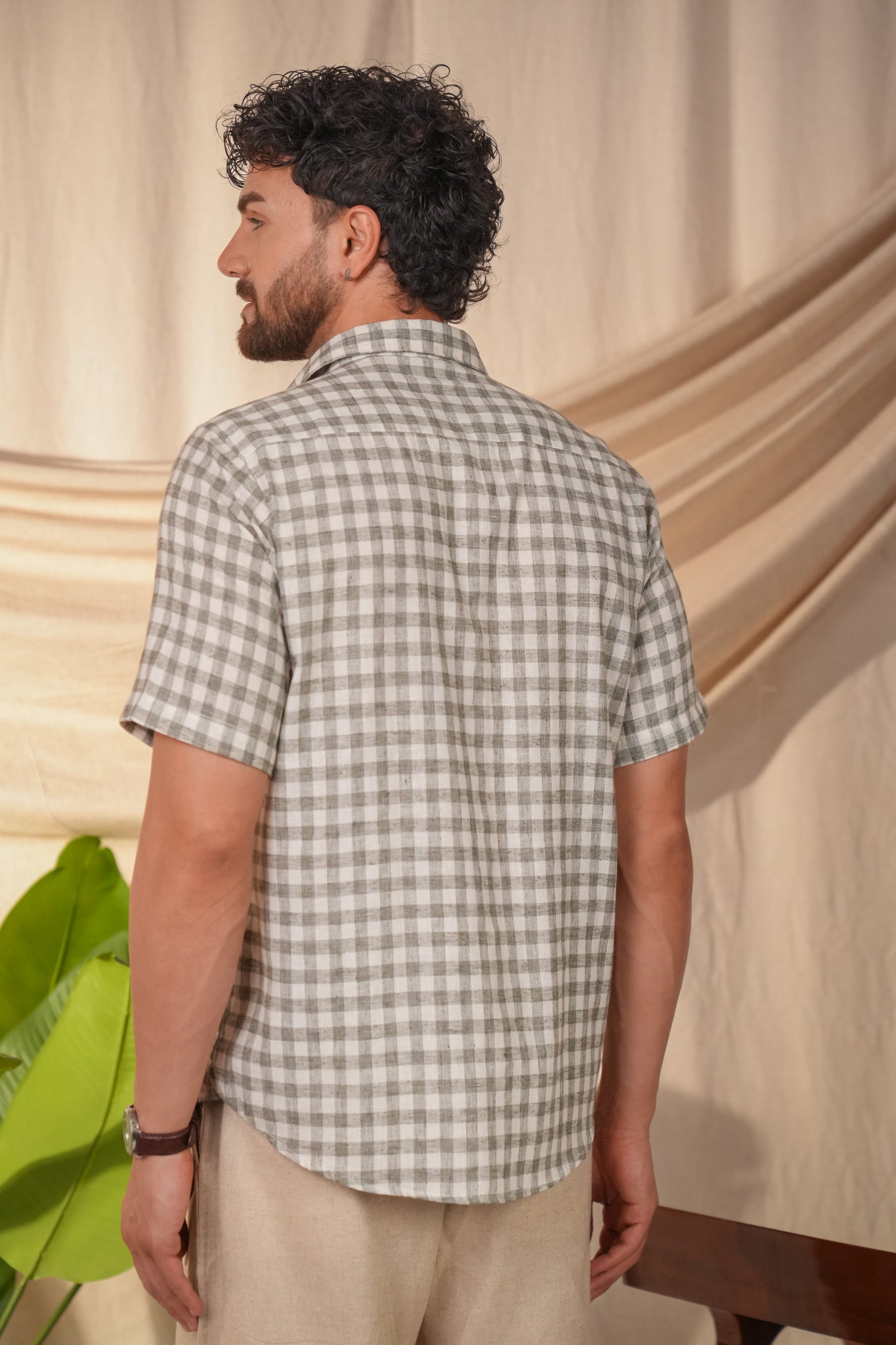 Meadow Green Checked Linen Cotton Slim Fit Shirt