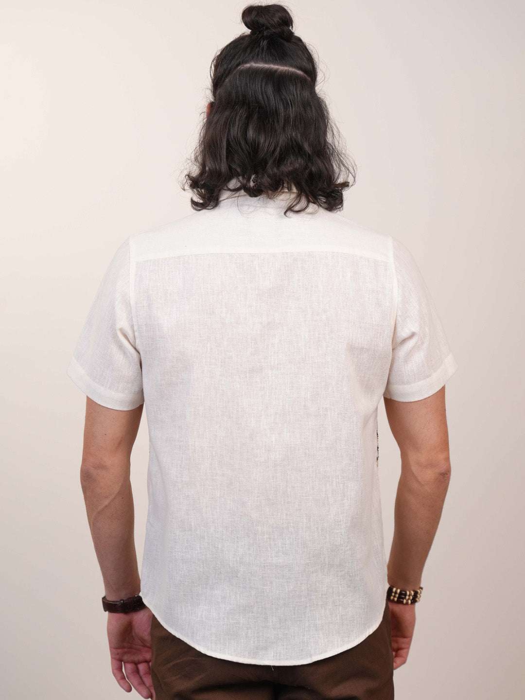 Beige Natural Grains Coconut Tree Embroidery Linen Cotton Shirt