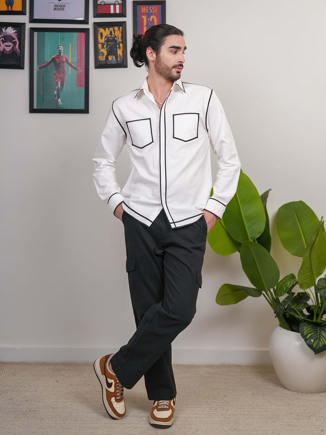 White Colour blocked Heavy Cotton Twill Boxy Fit Shirt For Men