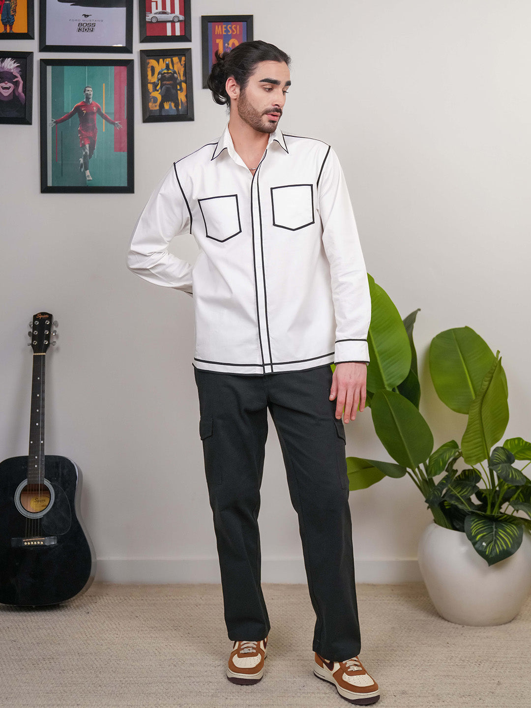 White Colour blocked Heavy Cotton Twill Boxy Fit Shirt For Men