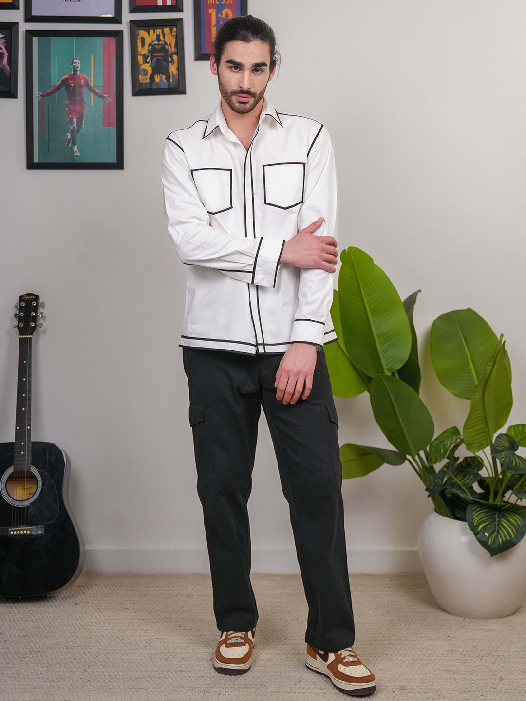 White Colour blocked Heavy Cotton Twill Boxy Fit Shirt For Men