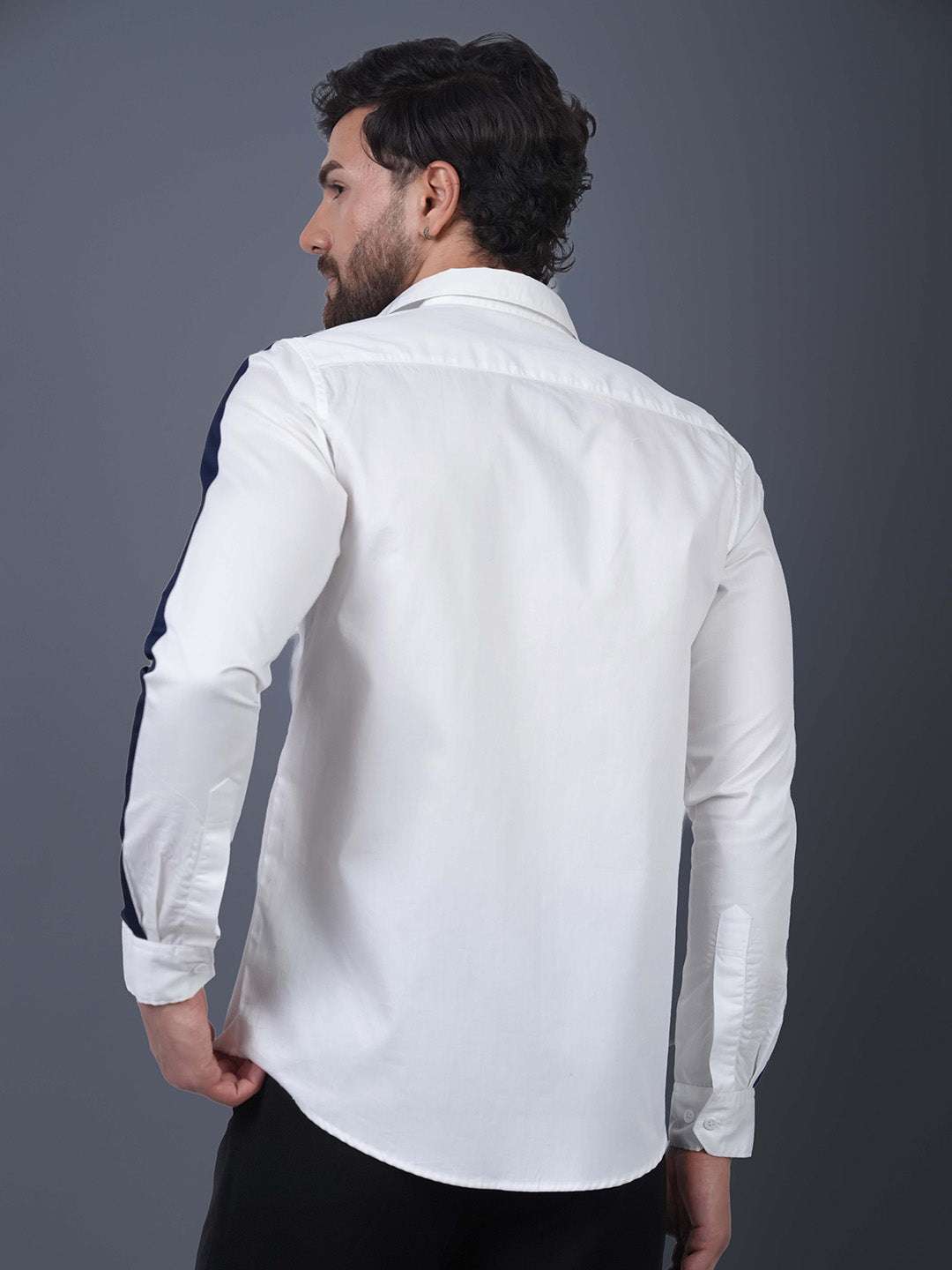 White And blue Colour Blocked Cotton Twill Slim Fit Shirt