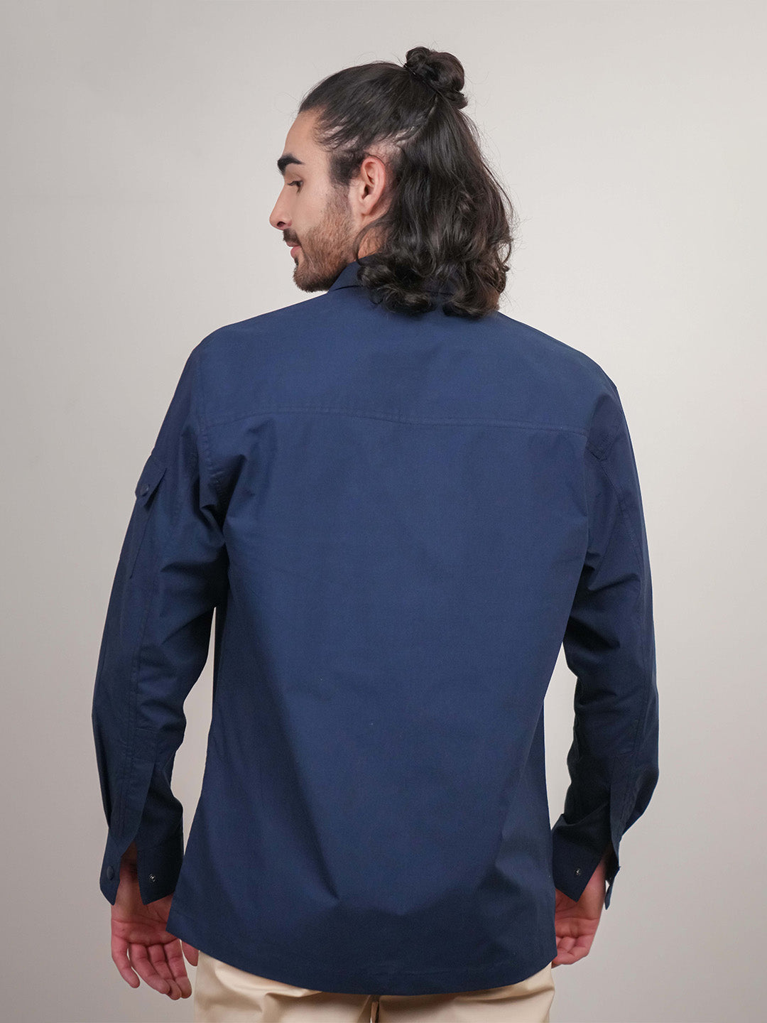 Navy Blue Solid Heavy Cotton Poplin Snap button Boxy Fit Shirt
