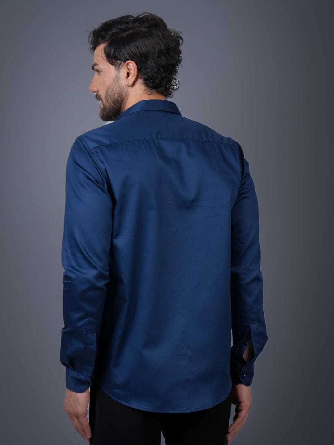 Navy Sequin Cotton Satin Slim Fit Shirt