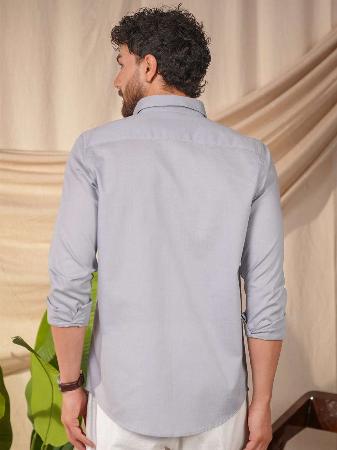 Light Gray Solid Pre-Washed Linen Cotton Slim Fit Shirt