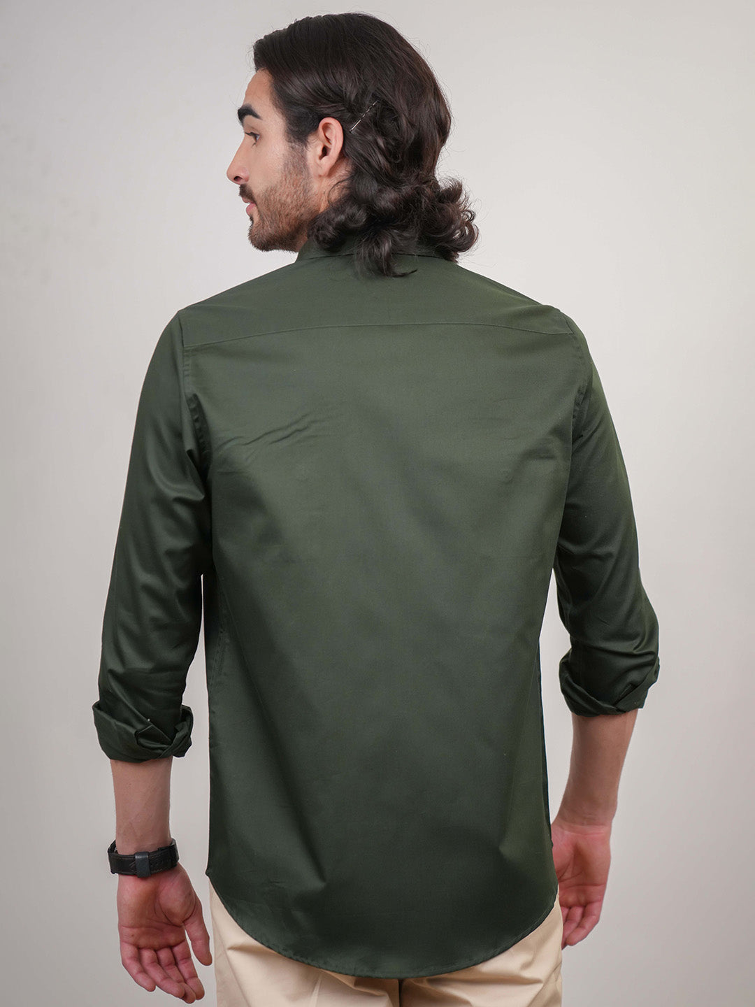 English Green Solid Cotton Twill  Slim Fit Shirt