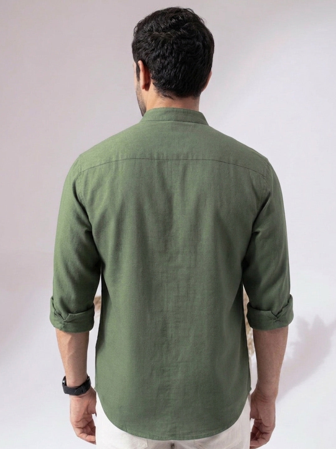 Green Band Collar Linen Blend Shirt