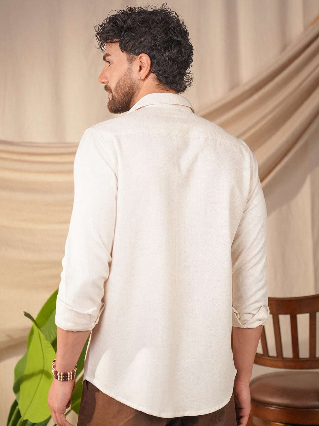 Beige Natural Grains Sparrow Embroidery Linen Cotton Shirt