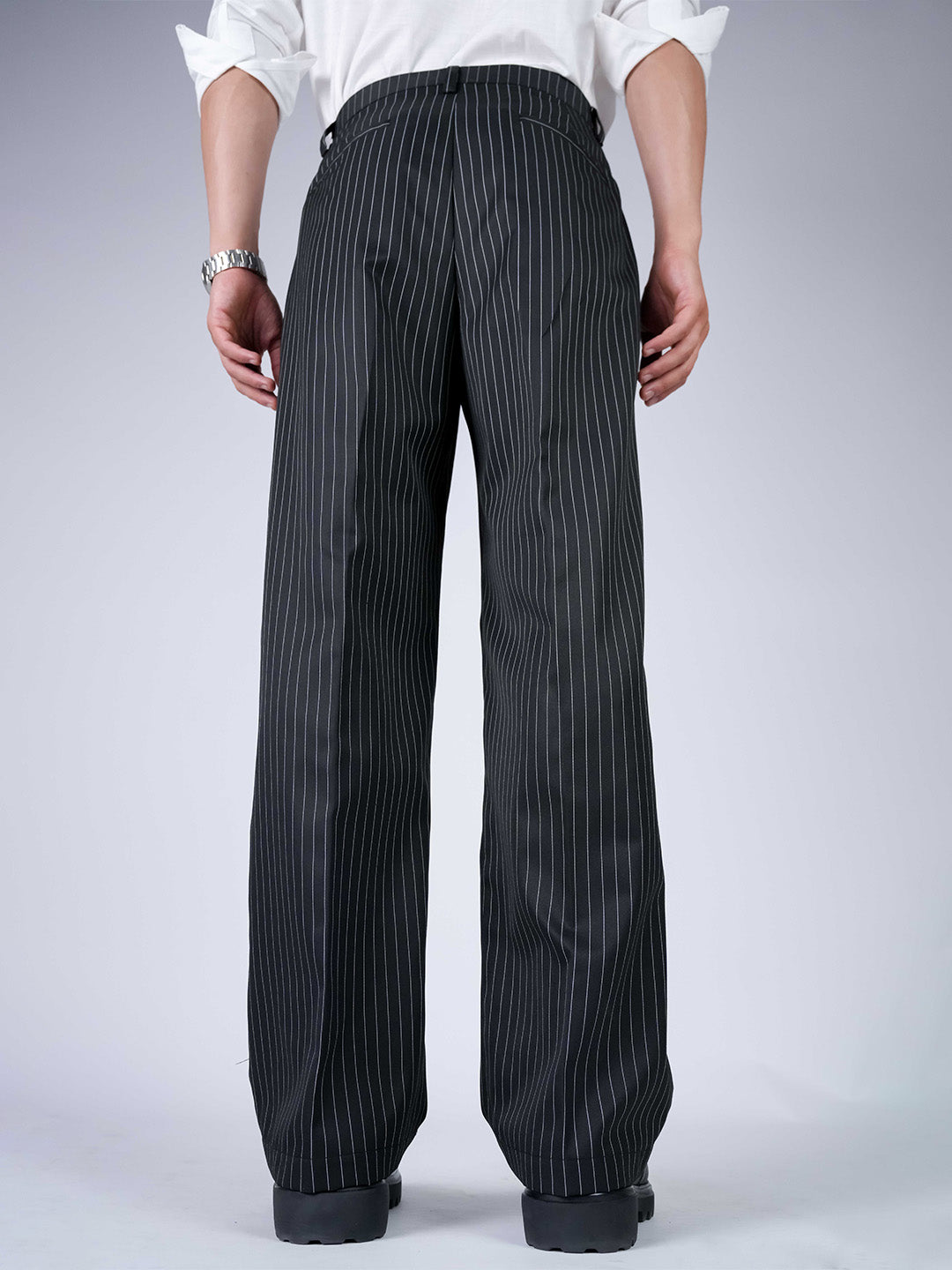 Black Striped Viscose Relaxed Fit Korean Pant