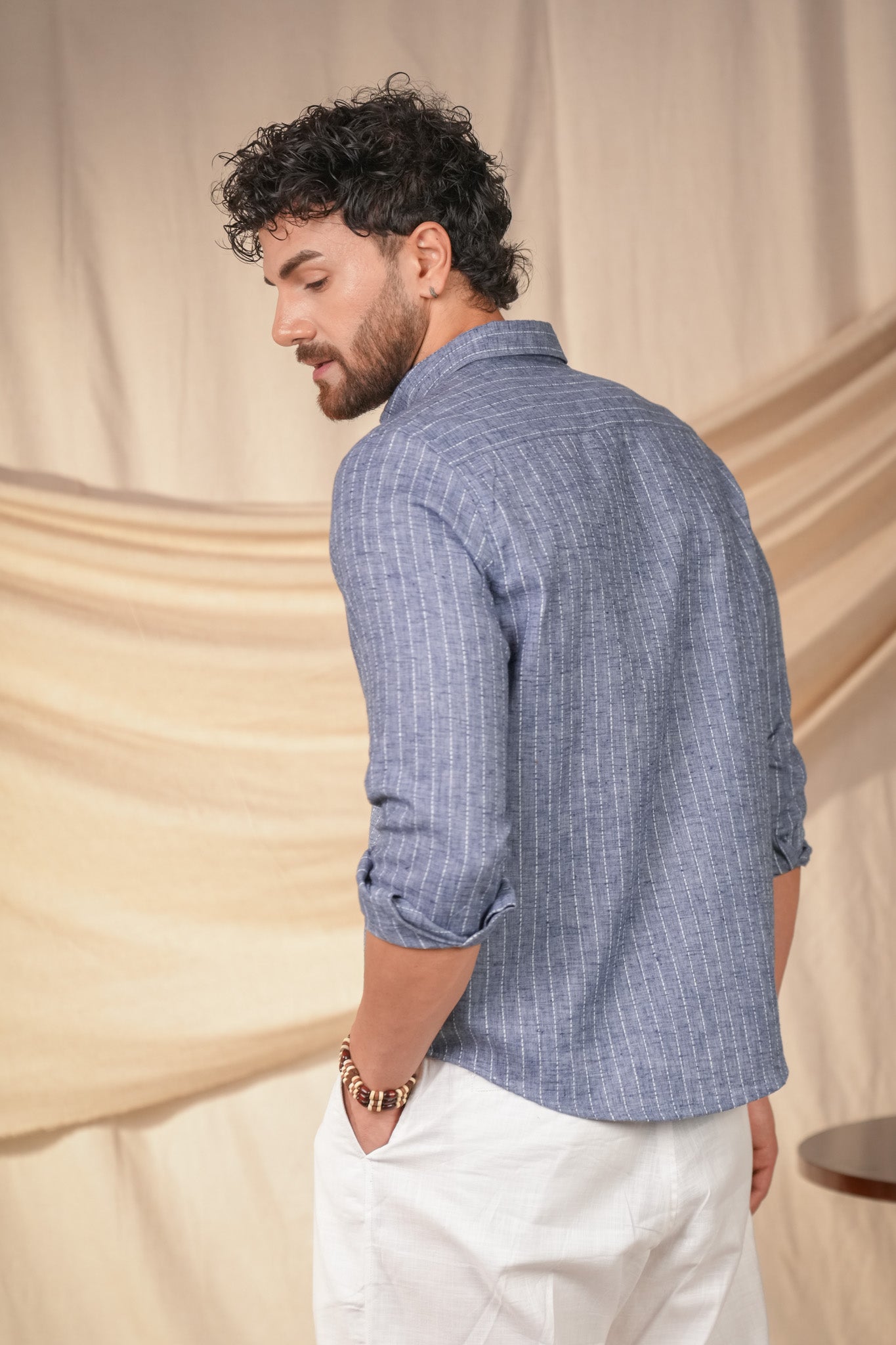 Denim Blue Striped Linen Cotton Slim Fit Shirt