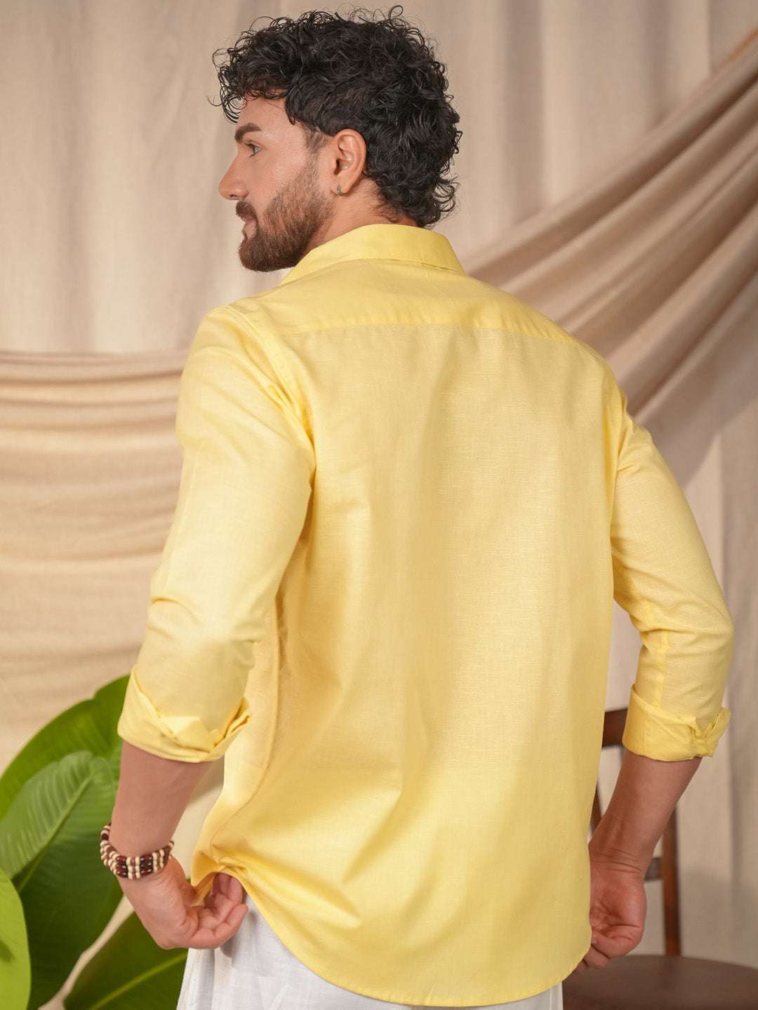 Lime Yellow Solid Pre-Washed Linen Cotton Slim Fit Shirt
