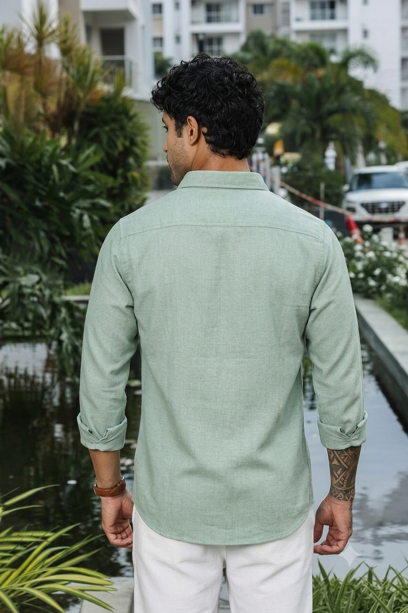 Pastel Green Solid Slim Fit Pre-Washed Linen Shirt