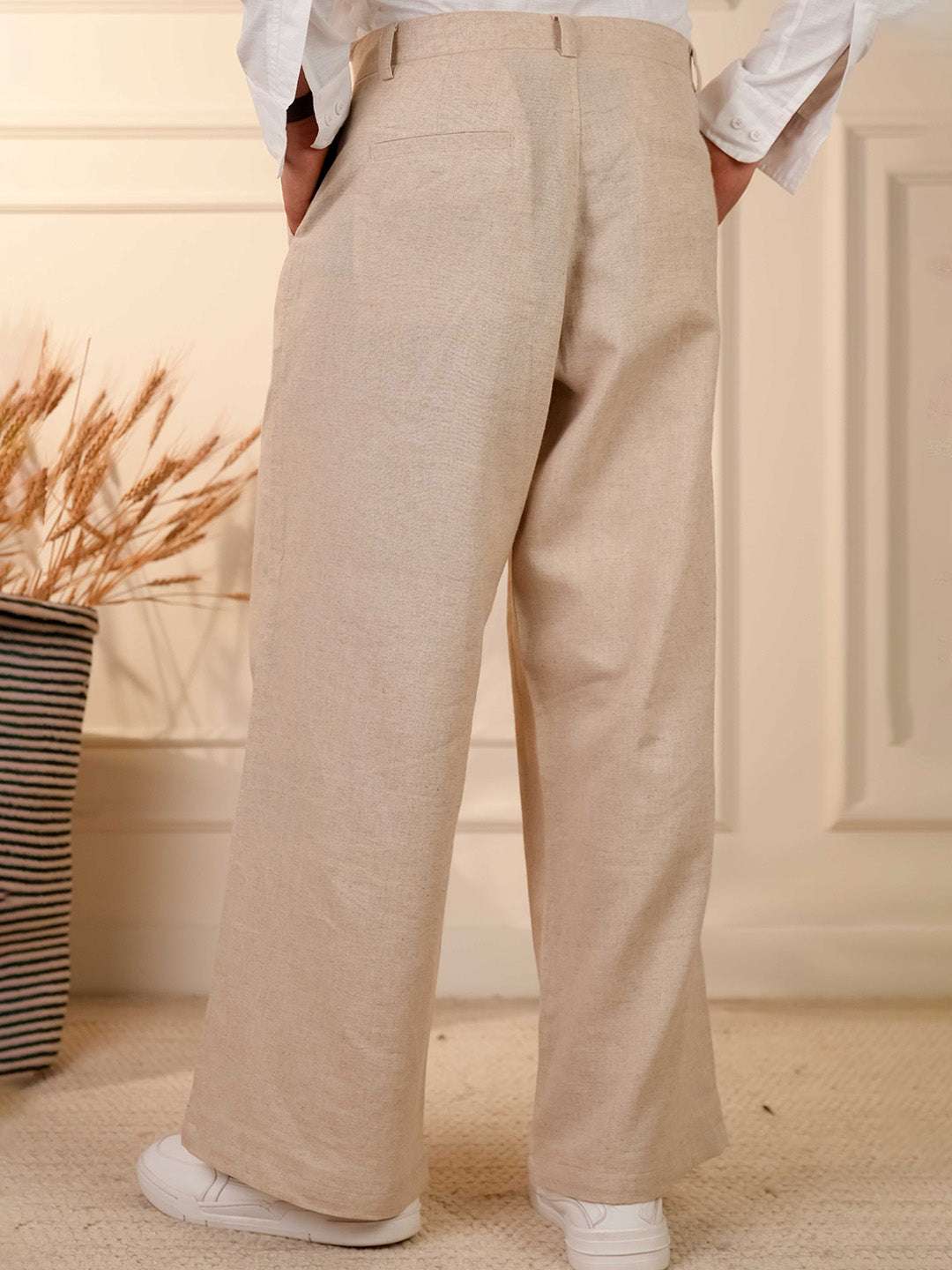 Natural Grain Beige Solid Linen Cotton Relaxed Fit Pants