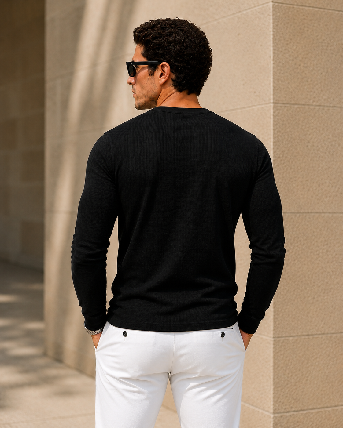 Black Waffle Henley Full Sleeve T-Shirt