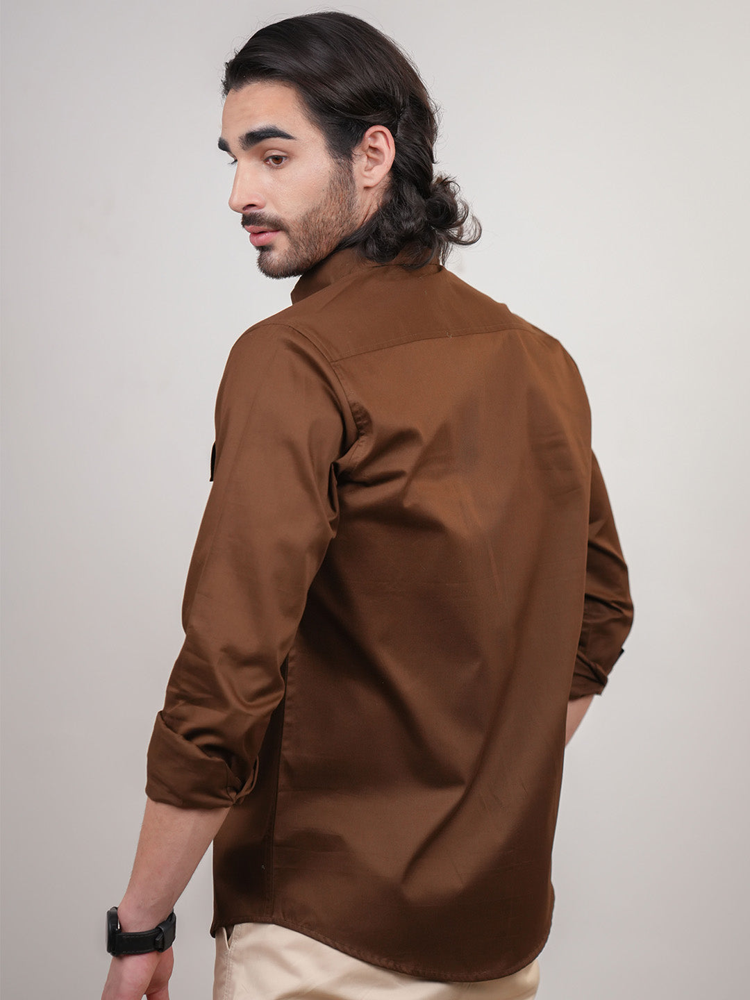 Brown Solid Cotton Twill Slim Fit Shirt