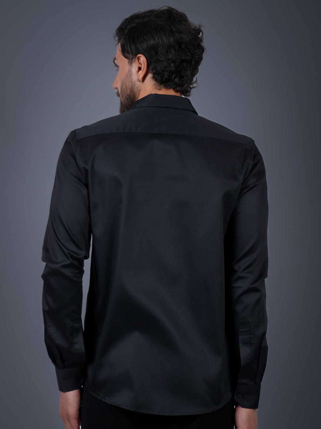 Black Sequin Cotton Satin Slim Fit Shirt