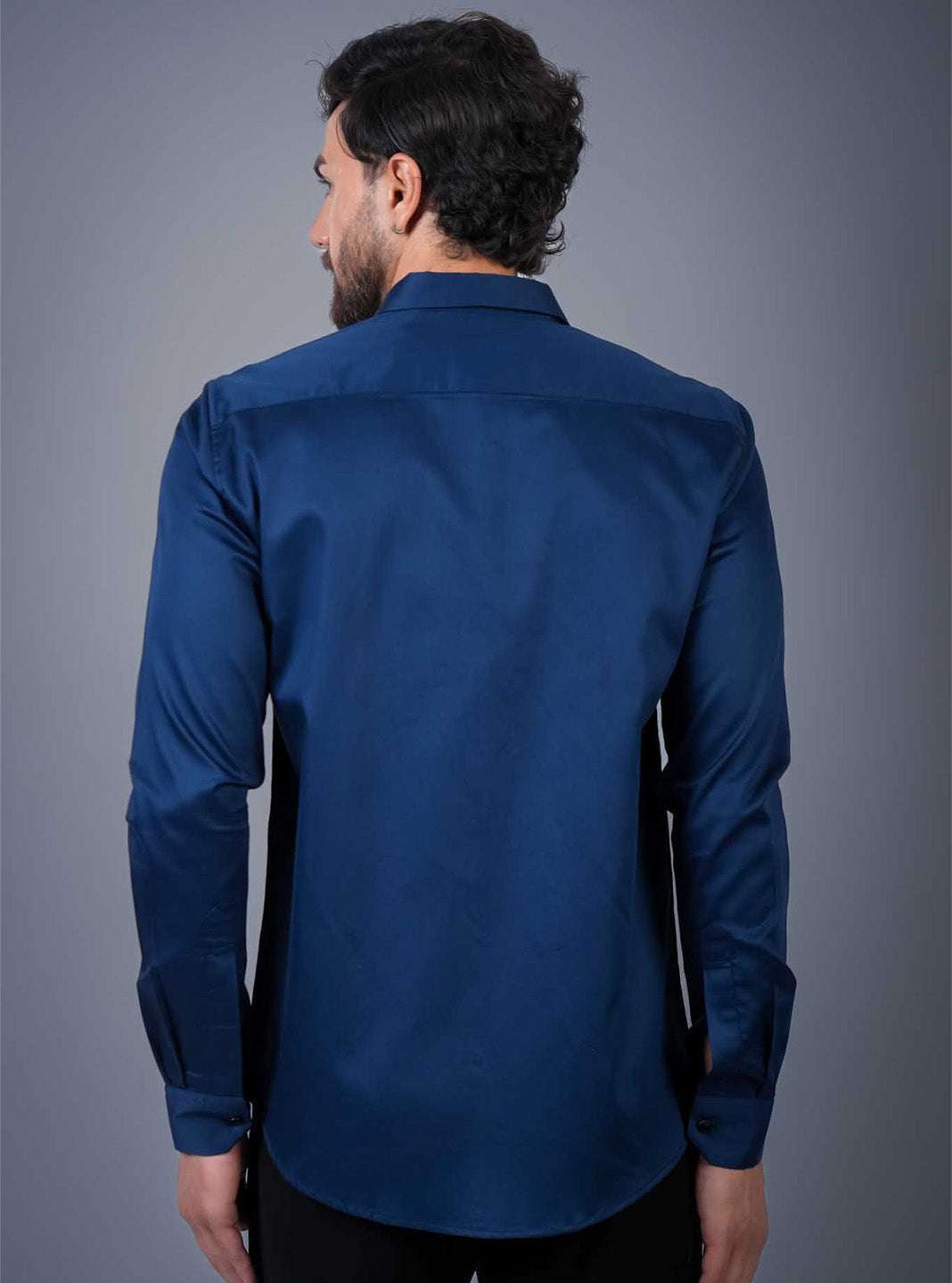 Navy Sequin Cotton Satin Slim Fit Shirt