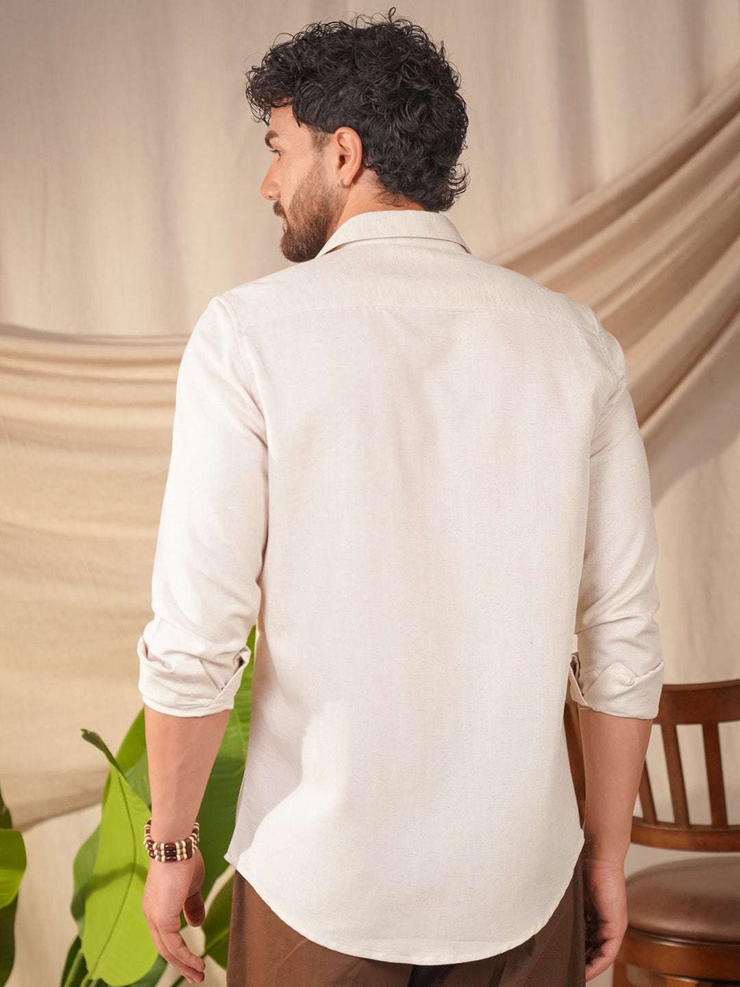 Beige Natural Grains Cactus Embroidery Linen Cotton Shirt