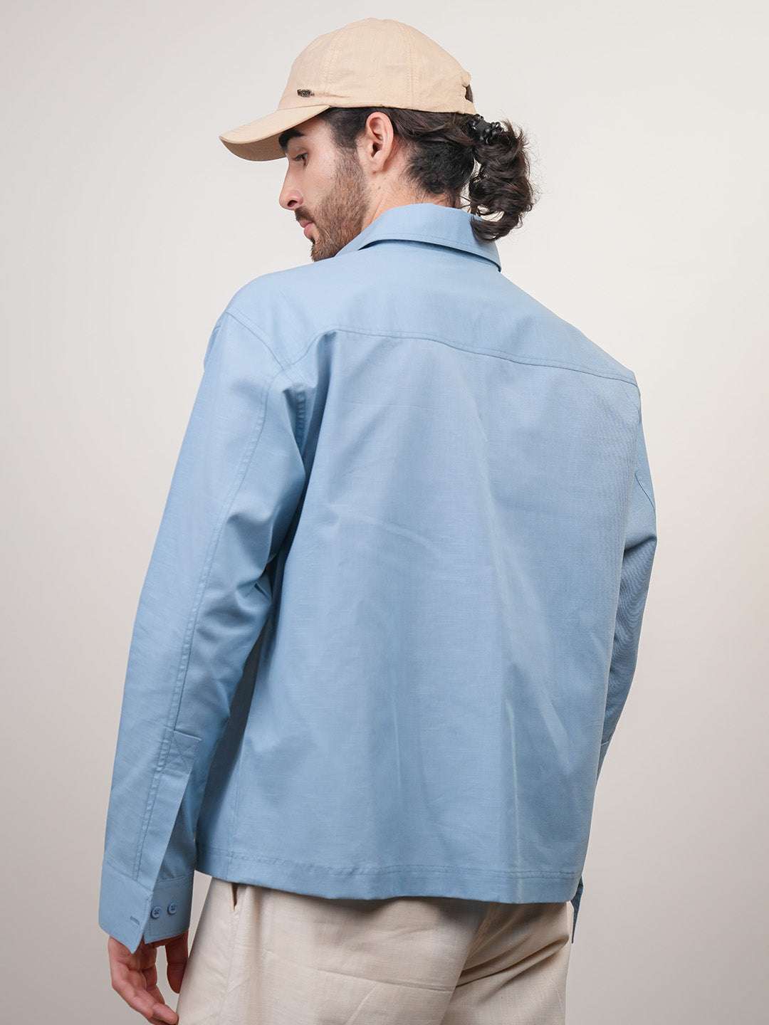 Aqua Blue Solid Linen Cotton Boxy Fit Shirt