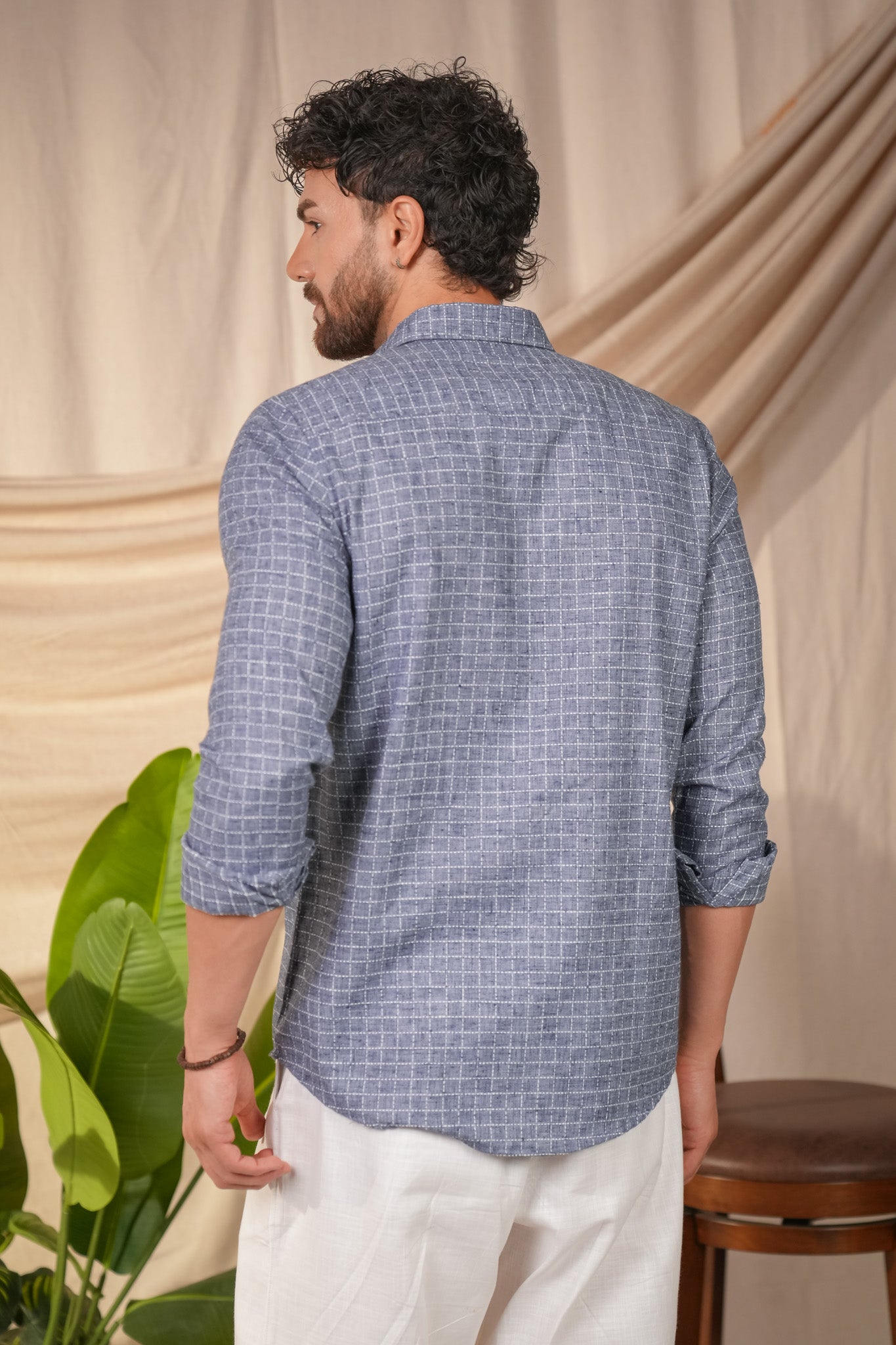 Denim Blue Checked Linen Cotton Slim Fit Shirt