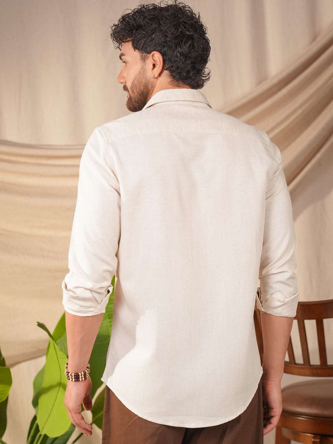Beige Natural Grains Birds Flock Embroidery Linen Cotton Shirt
