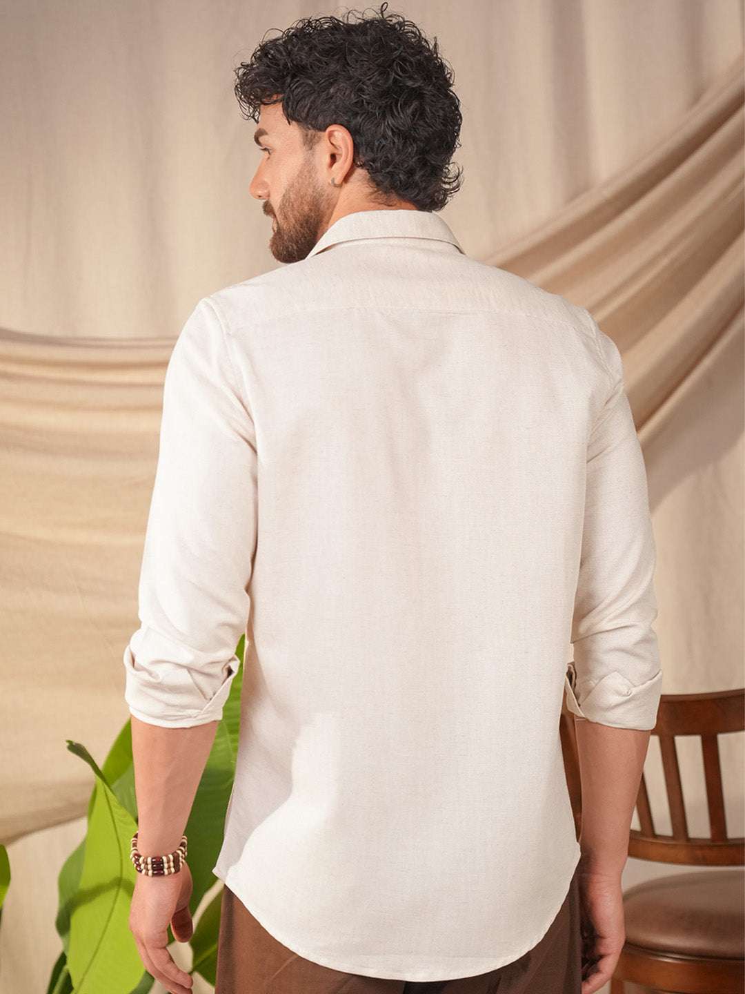 Beige Natural Grains Solid Linen Cotton Slim Fit Shirt