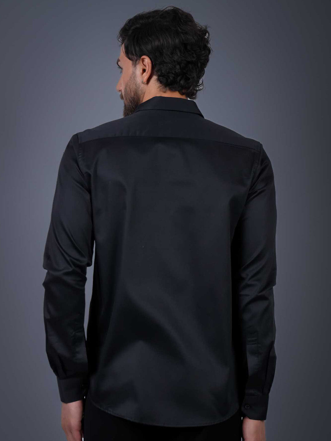 Black Sequin Cotton Satin Slim Fit Shirt