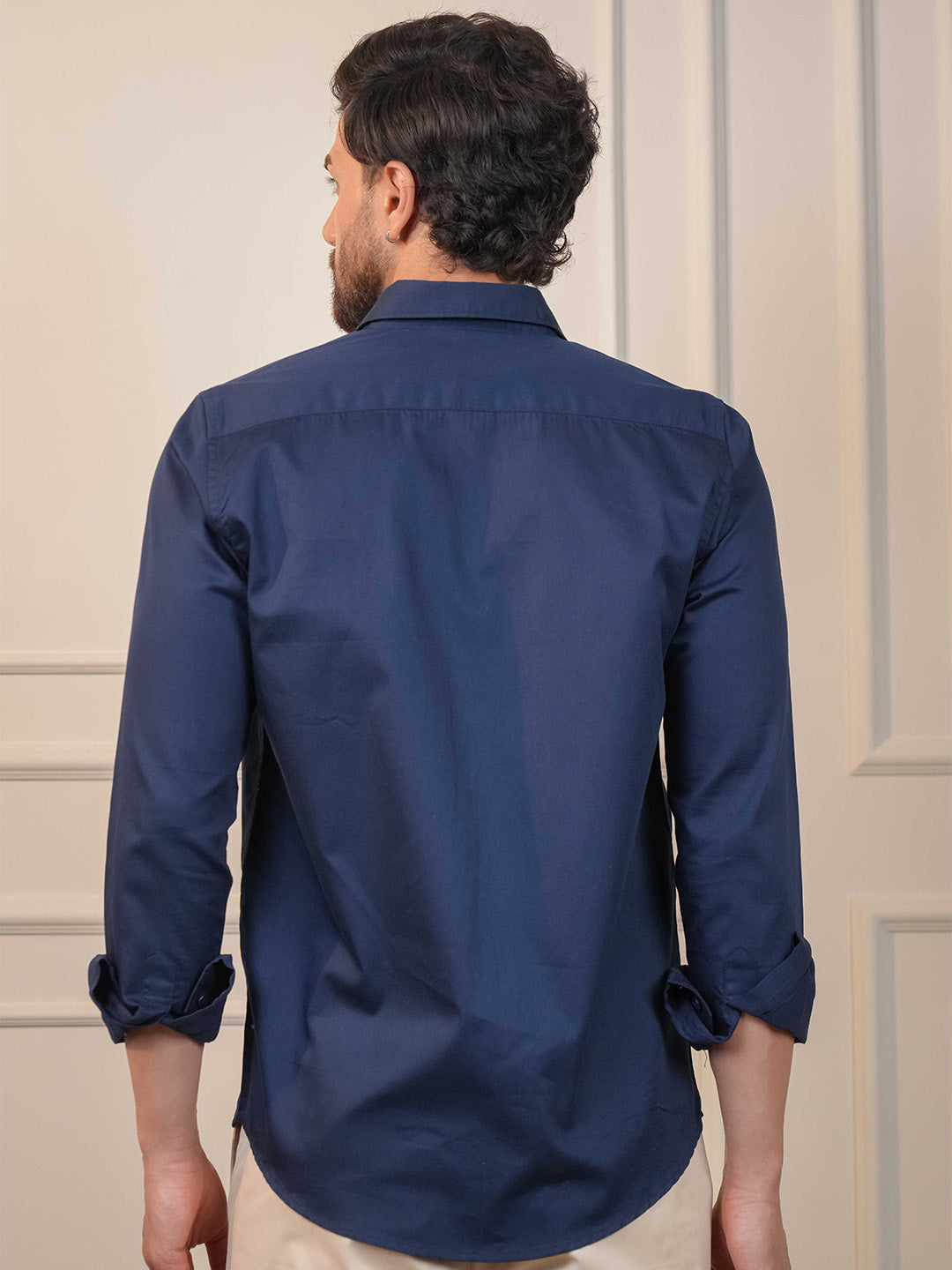 Navy Solid Cotton Twill  Slim Fit Shirt