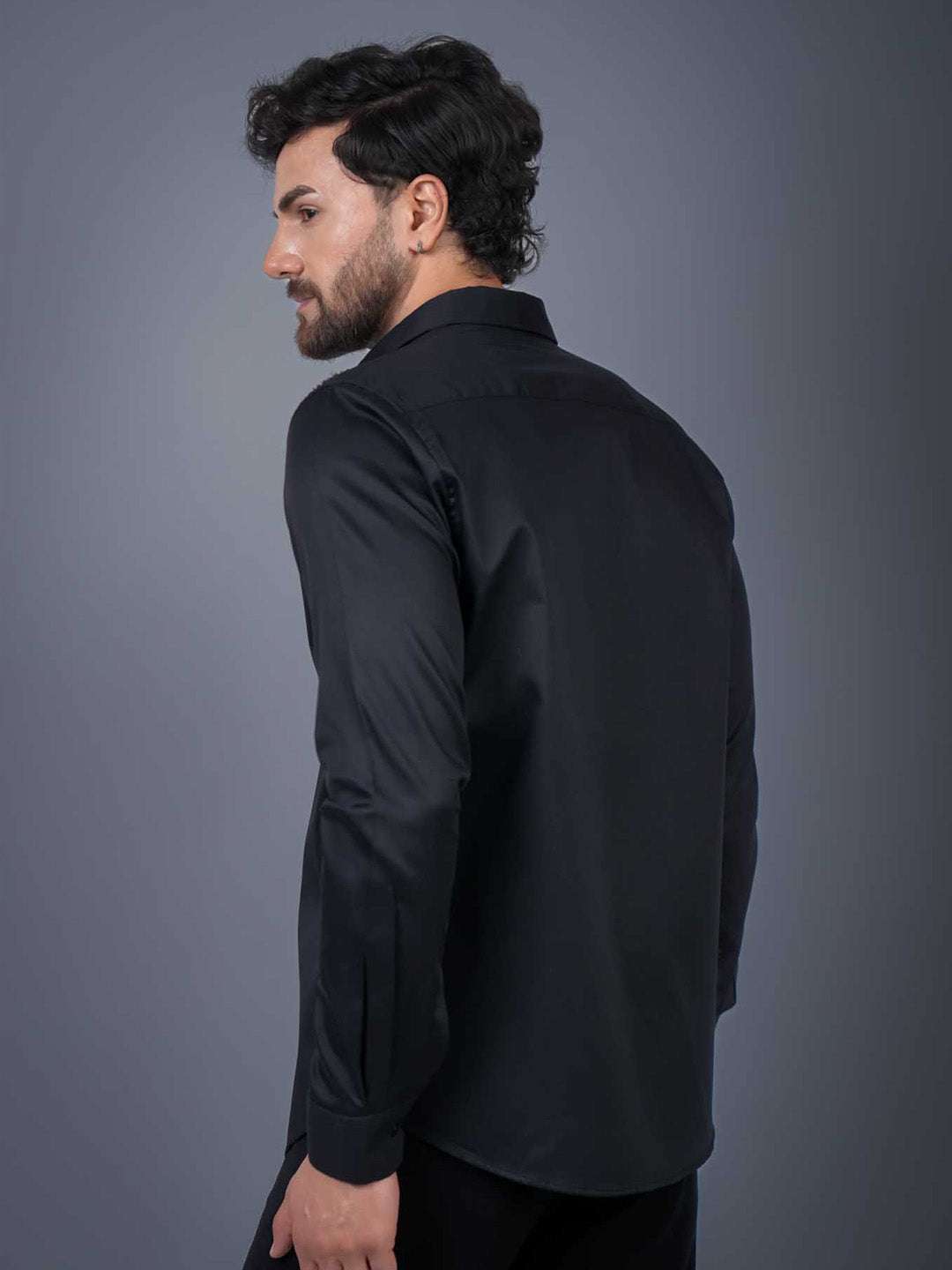 Black Sequin Cotton Satin Slim Fit Shirt
