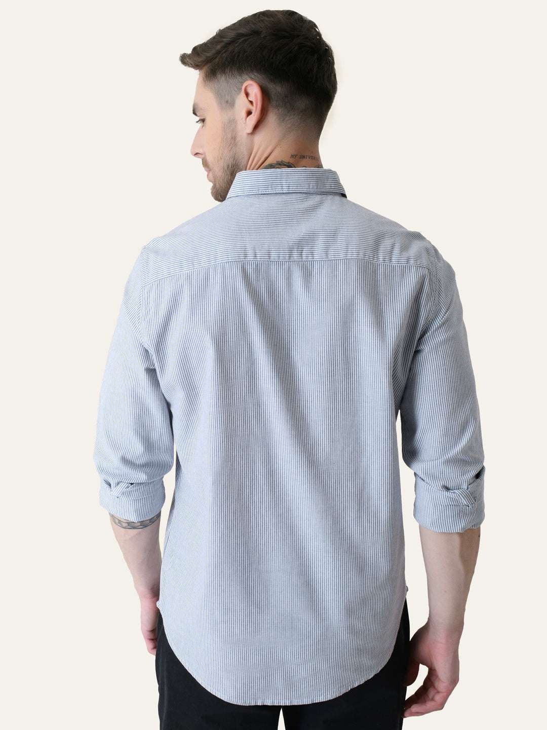 Navy Blue Striped Slim Fit Cotton Shirt