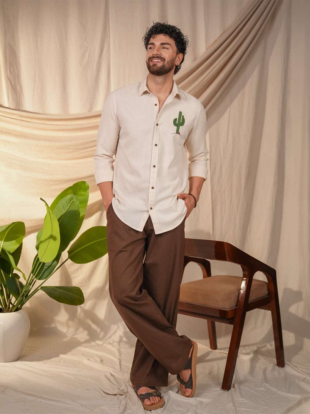Beige Natural Grains Cactus Embroidery Linen Cotton Shirt