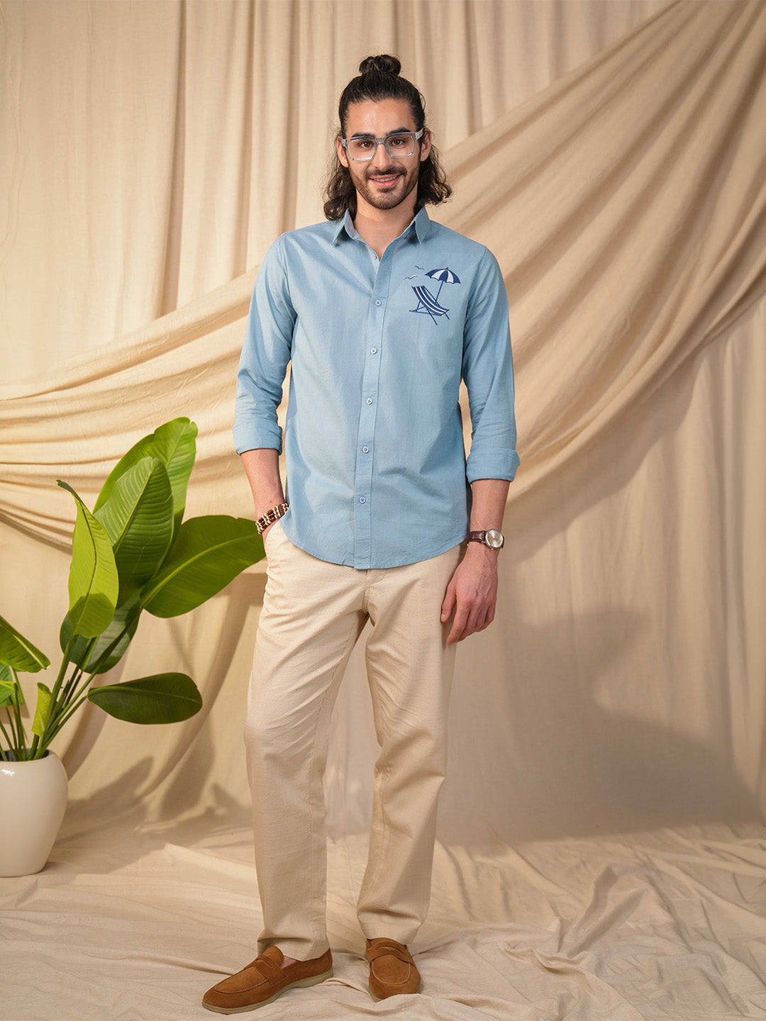 Aqua Blue Beach Chair Embroidery Linen Cotton Shirt