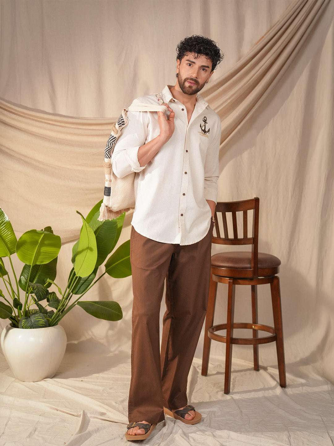 Beige Natural Grains Sparrow Embroidery Linen Cotton Shirt