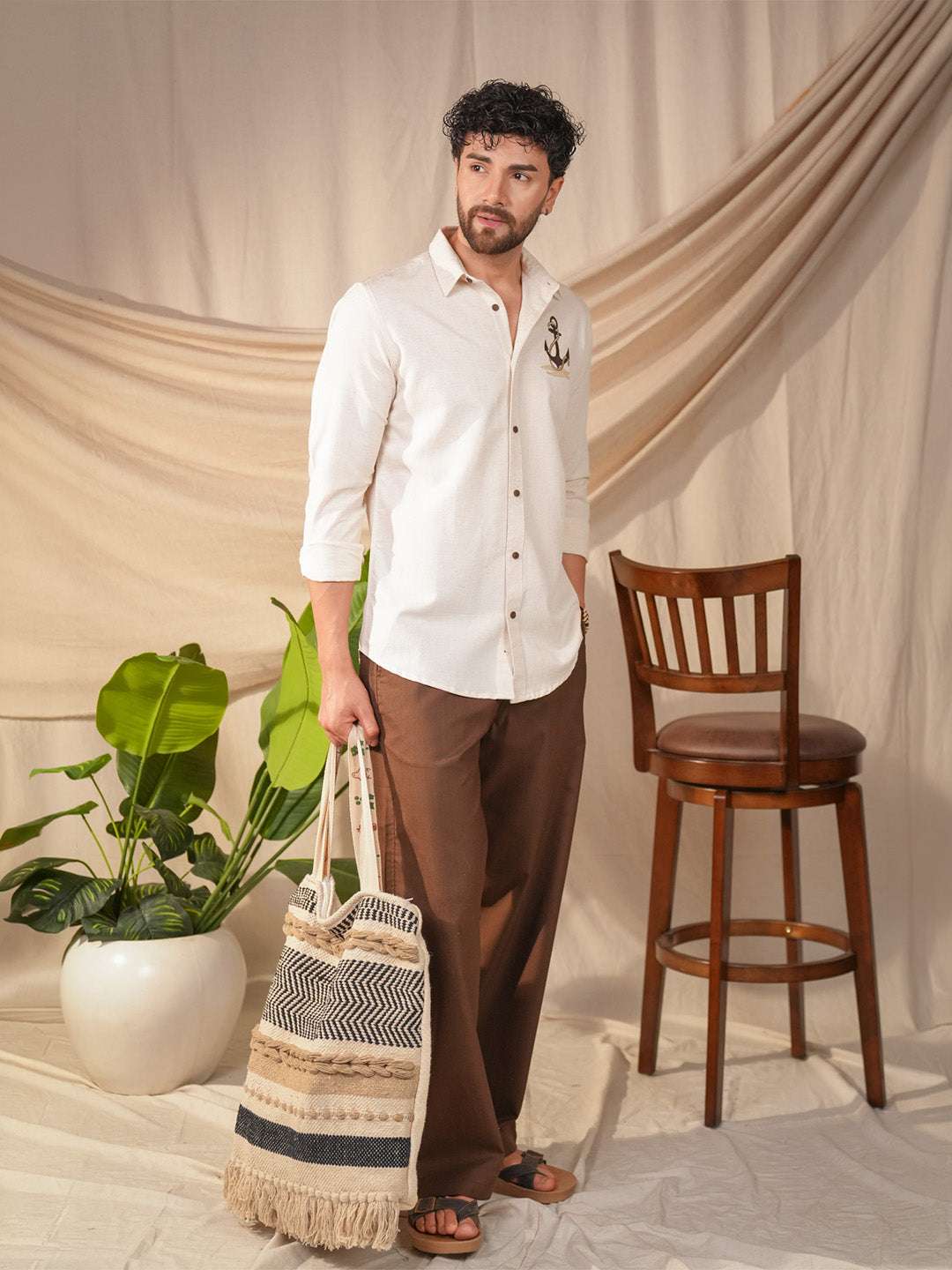 Beige Natural Grains Sparrow Embroidery Linen Cotton Shirt