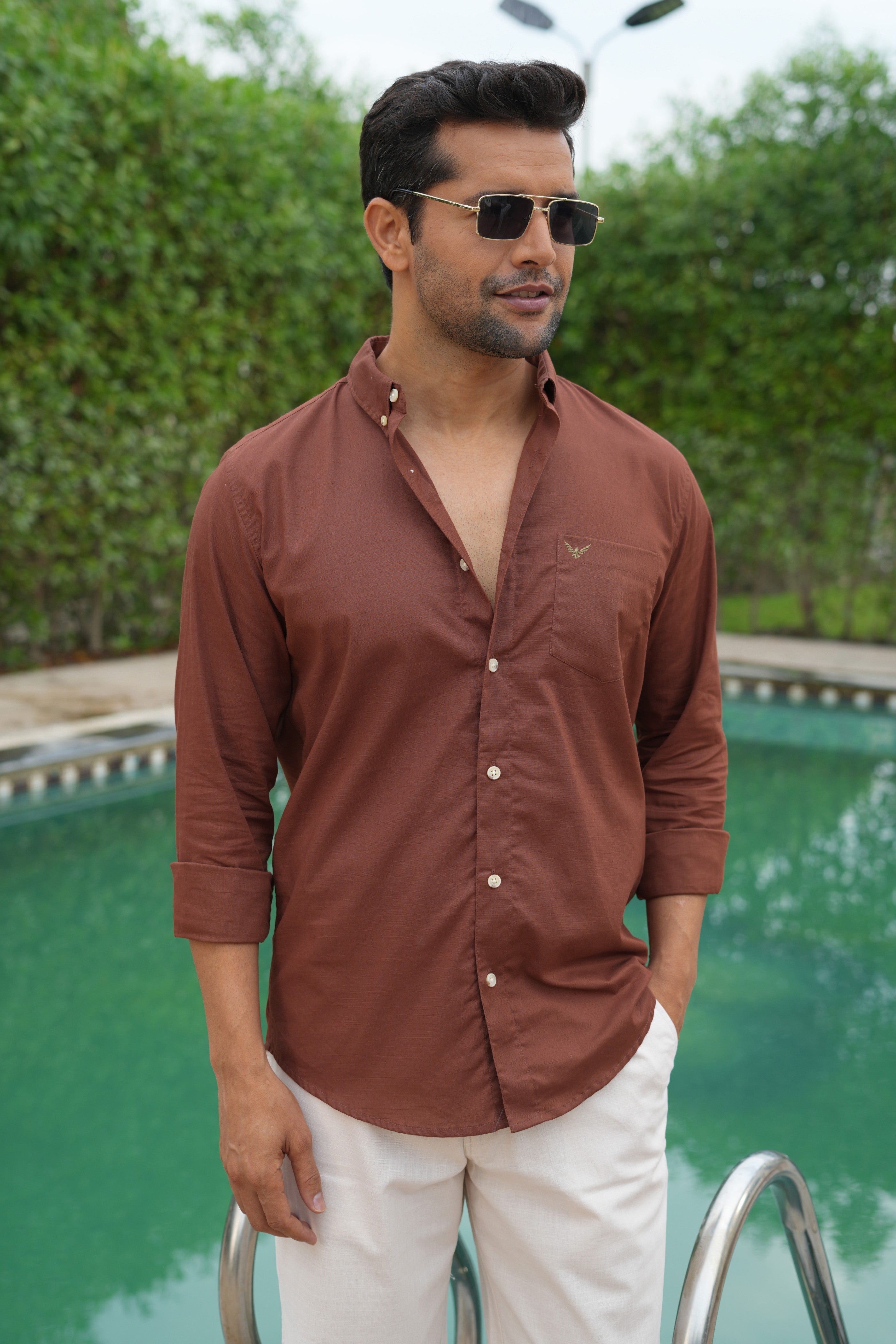 Rust Solid Pre-Washed Slim Fit Linen Cotton Shirt