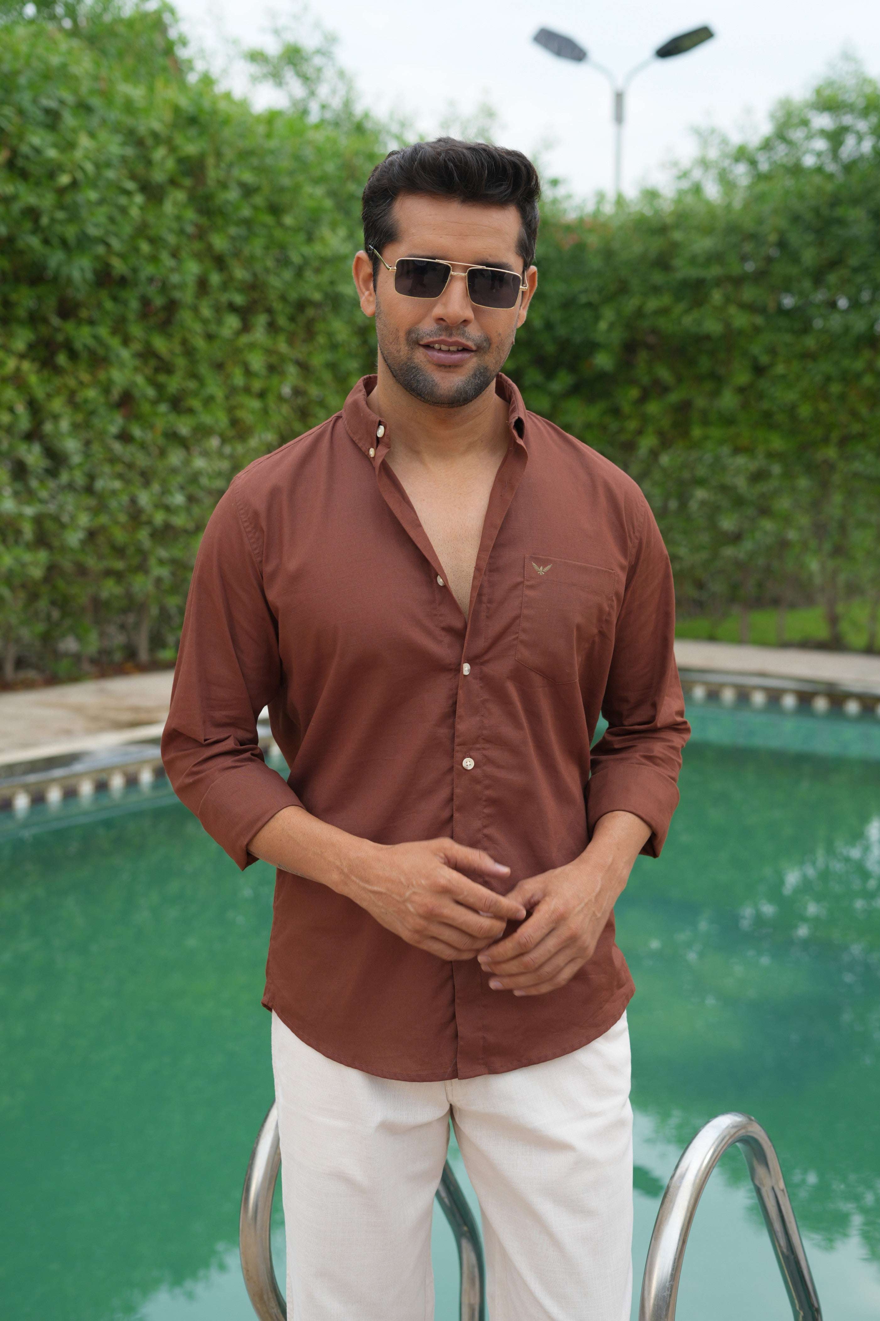 Rust Solid Pre-Washed Slim Fit Linen Cotton Regular Fit Plus Size Shirt