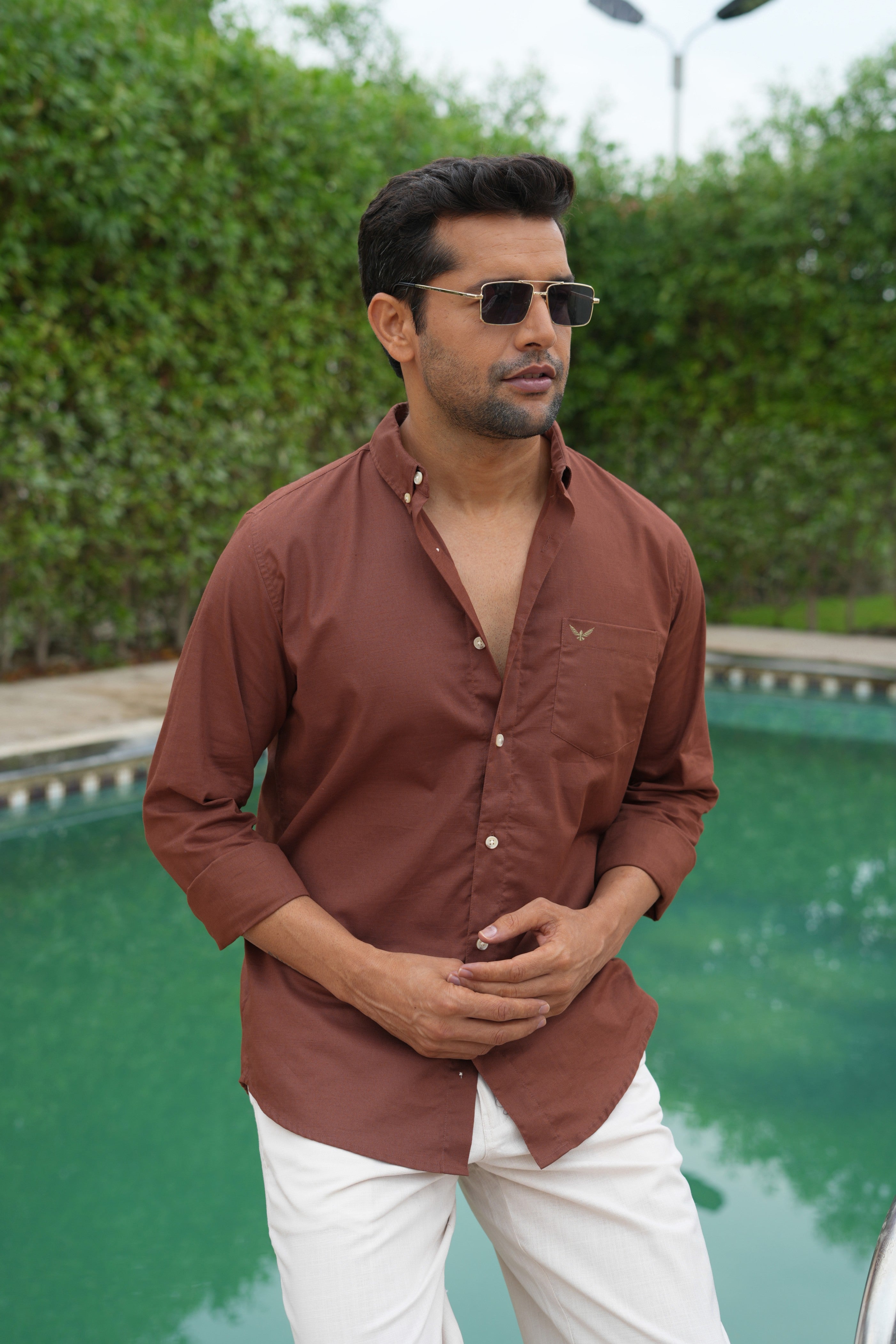 Rust Solid Pre-Washed Slim Fit Linen Cotton Shirt