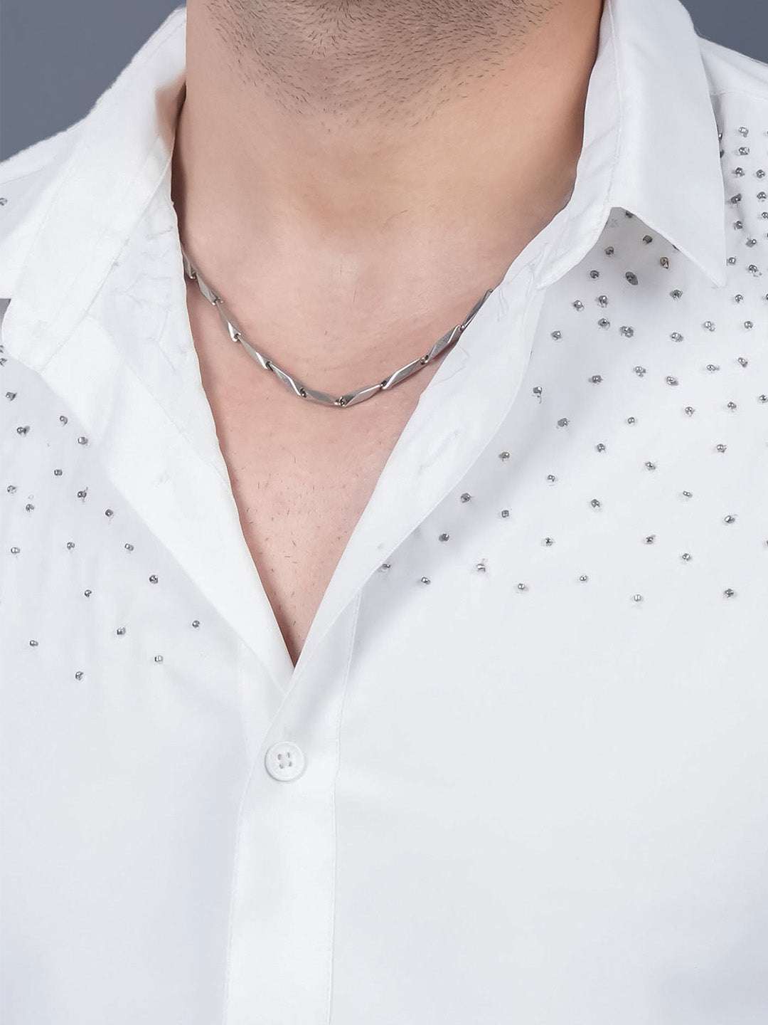 White Sequin Cotton Satin Slim Fit Shirt
