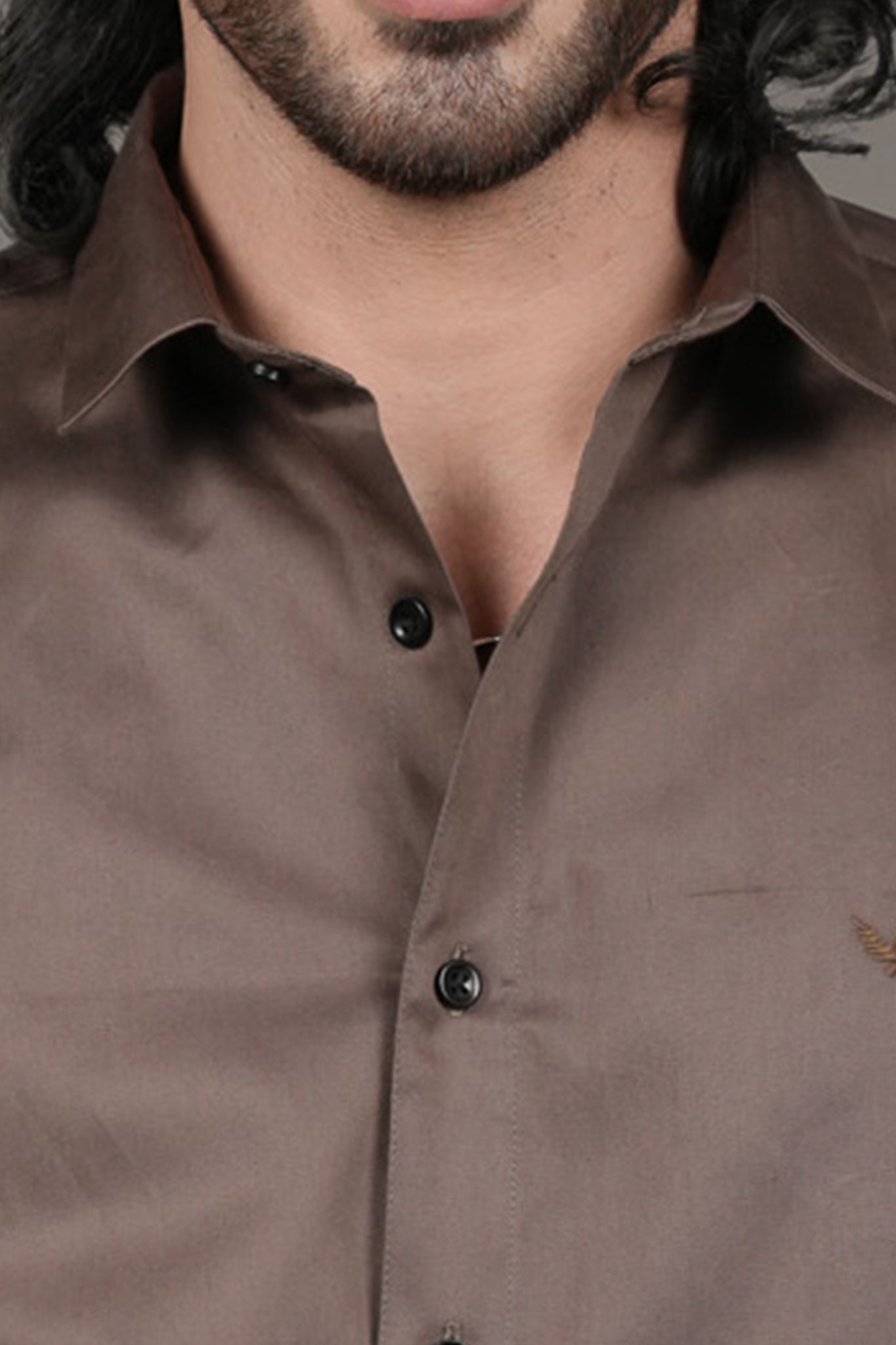 Mocha Brown Solid Cotton Satin Slim Fit Shirt