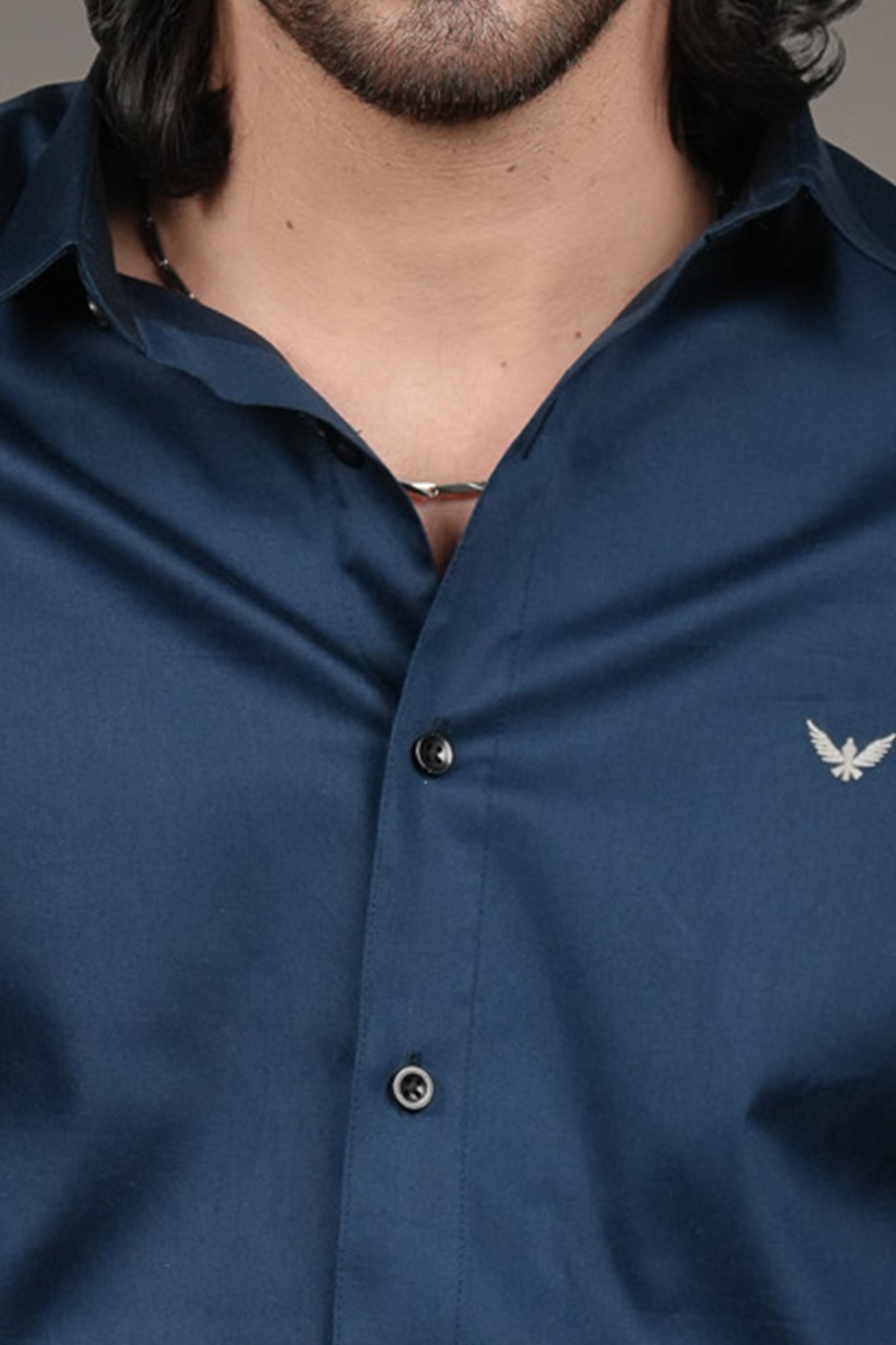 Navy Solid Cotton Satin Slim Fit Shirt