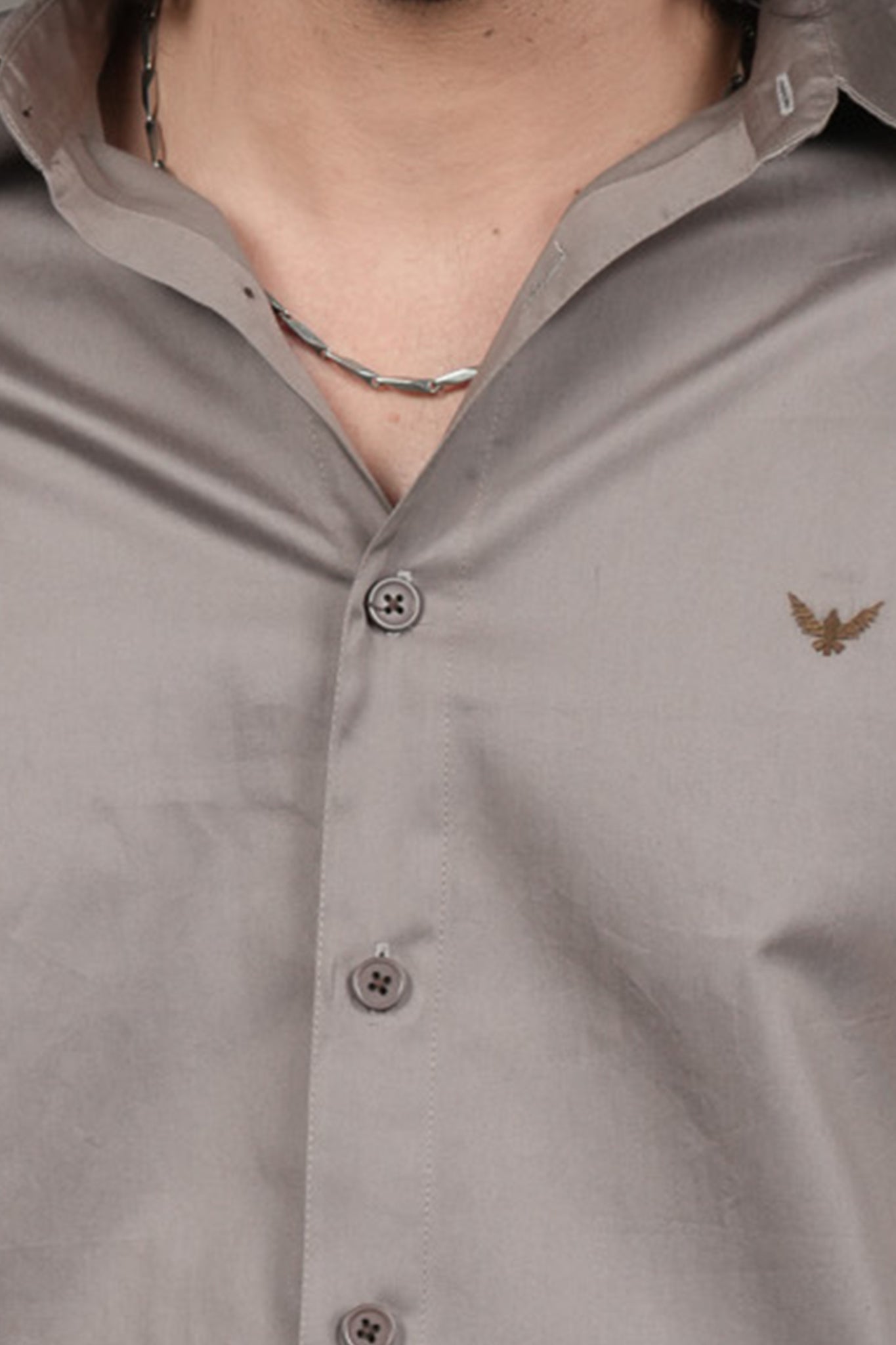 Metallic Beige Solid Cotton Satin Slim Fit Shirt