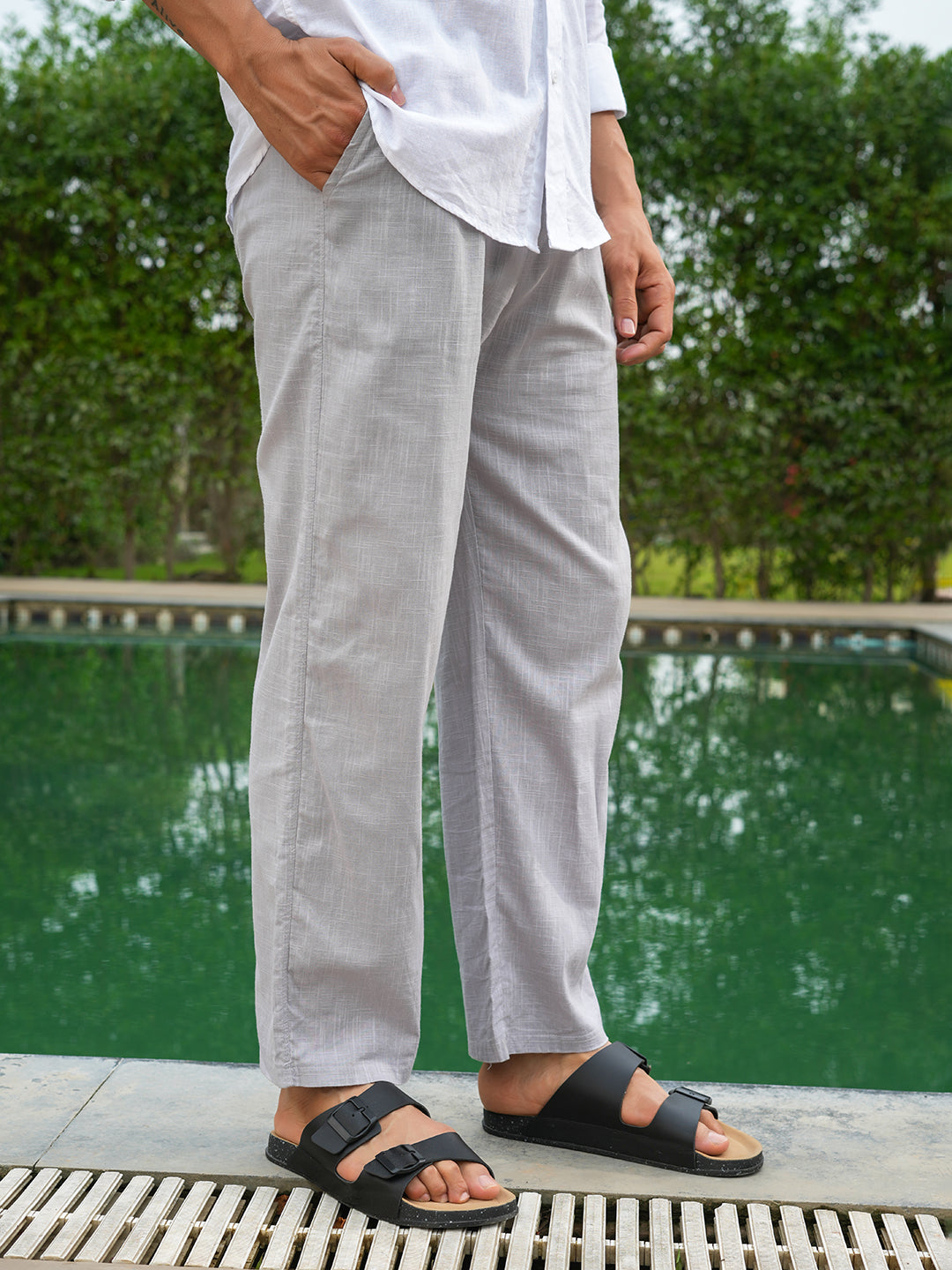 Grey Solid Pre-Washed Linen Trouser